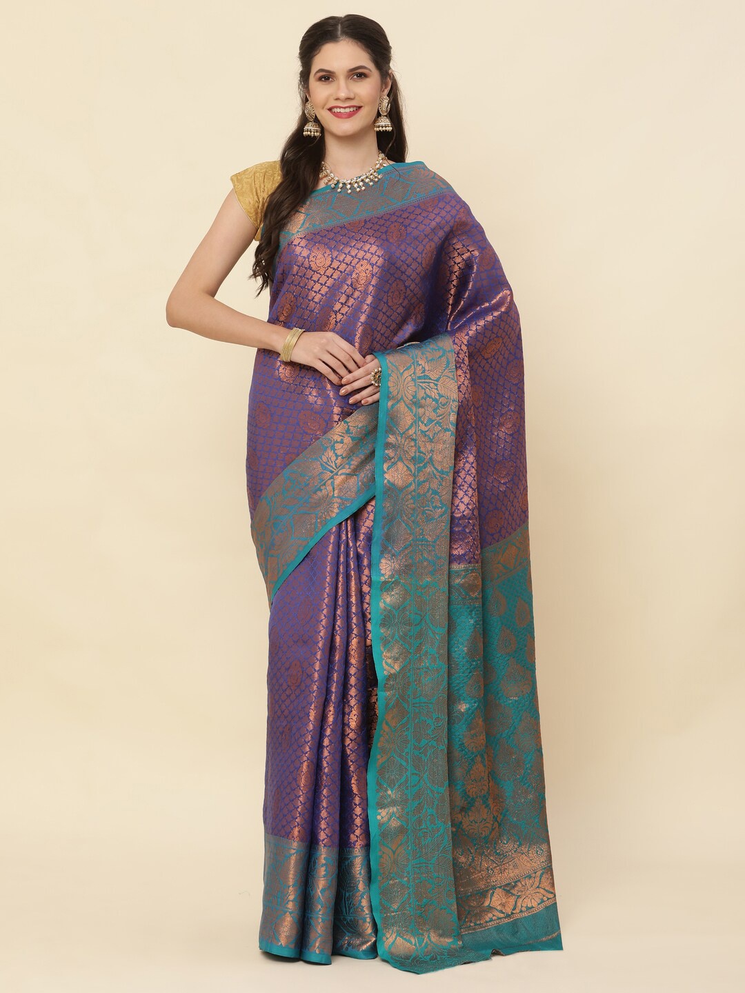 KAPADIYA FAB Ethnic Motifs Woven Design Pure Silk Zari Kanjeevaram Saree, Navy blue
KAPADIYA FAB Ethnic Motifs Woven Design Pure Silk Zari Kanjeevaram Saree, Navy blue