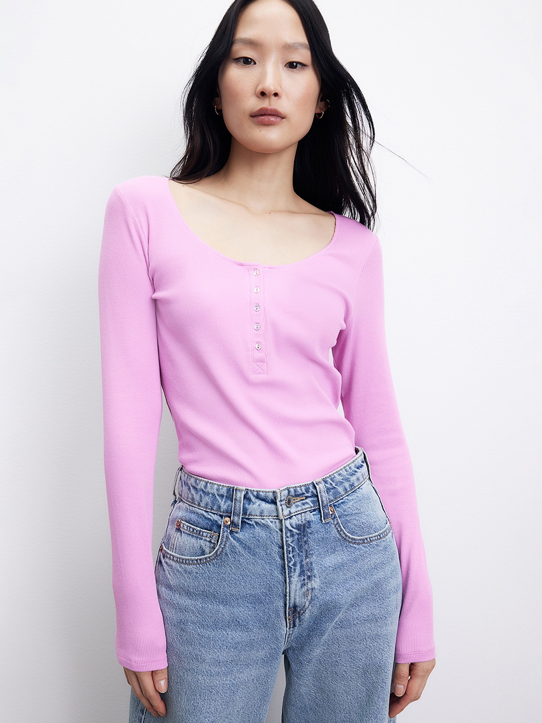 H&M Women Ribbed Henley Top, Pink