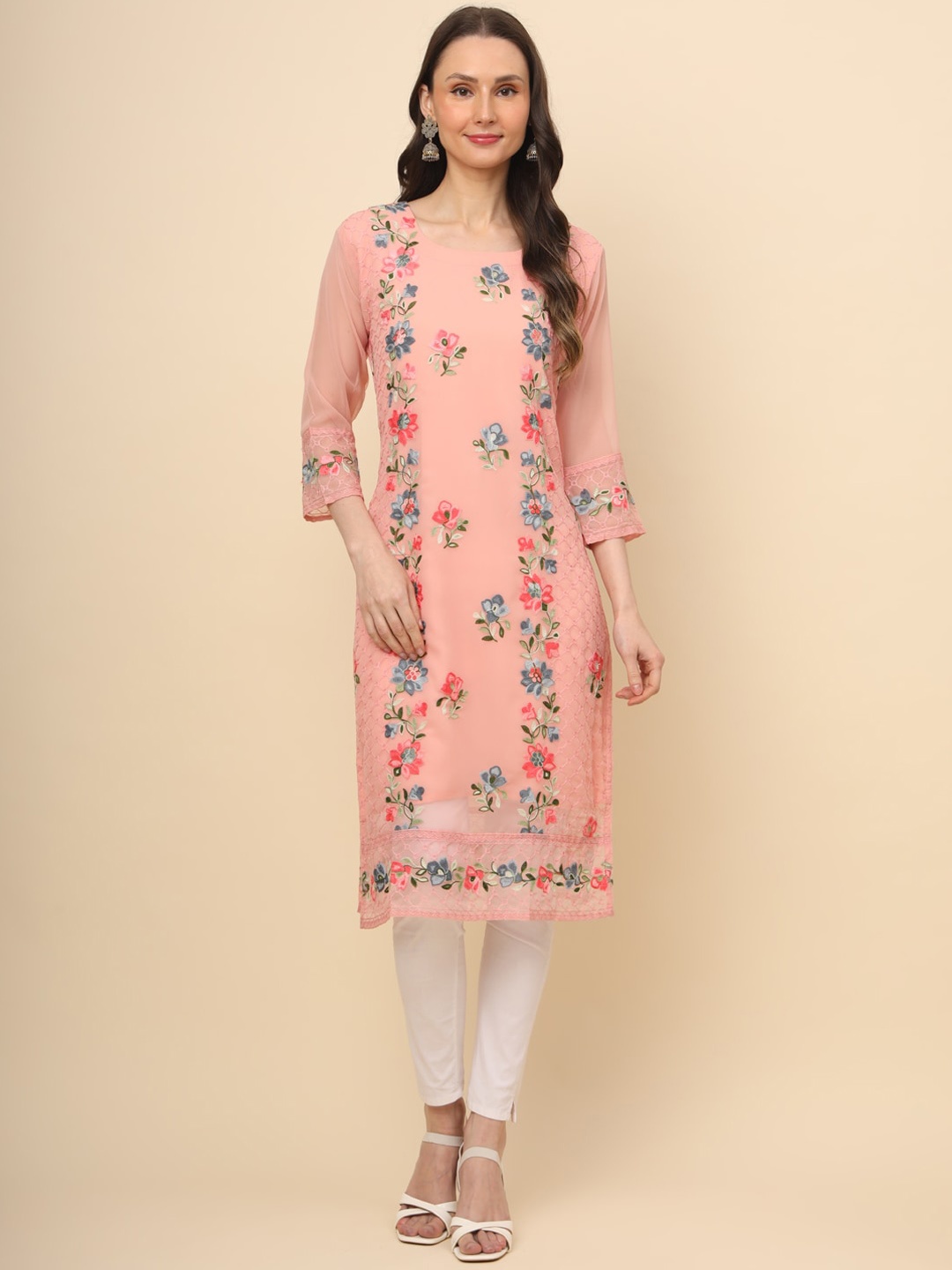 HERE&NOW Floral Embroidered Round Neck Thread Work Georgette Straight Kurta, Peach
HERE&NOW Floral Embroidered Round Neck Thread Work Georgette Straight Kurta, Peach