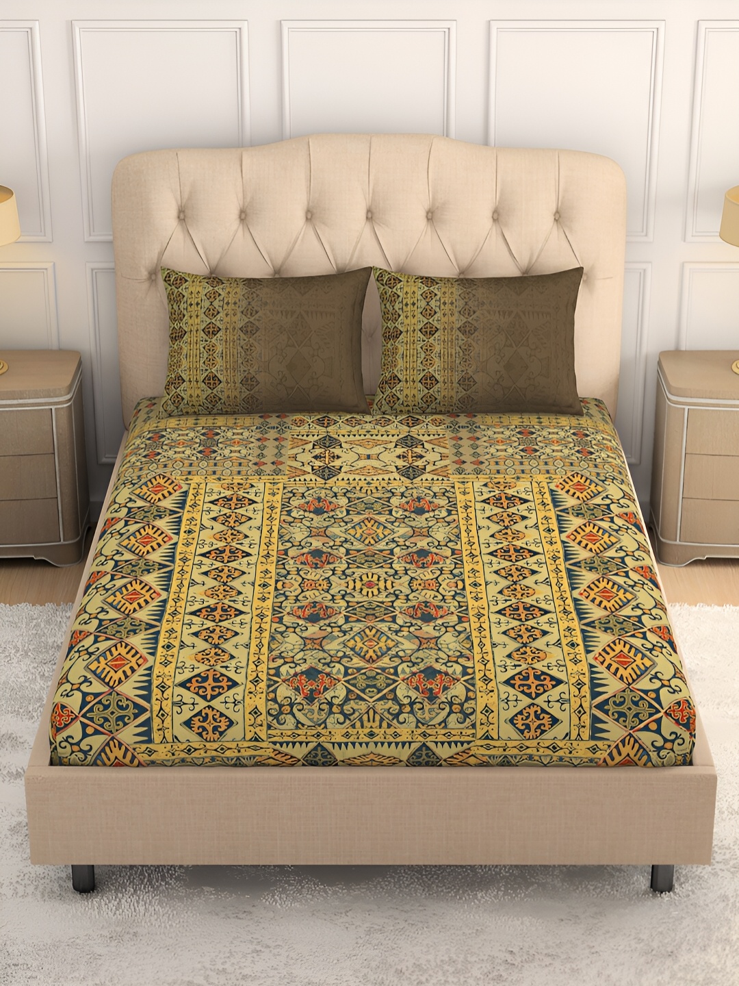 SPACES Caravan Yellow & Red Ethnic Motifs Cotton 180 TC King Bedsheet With 2 Pillow Covers
SPACES Caravan Yellow & Red Ethnic Motifs Cotton 180 TC King Bedsheet With 2 Pillow Covers