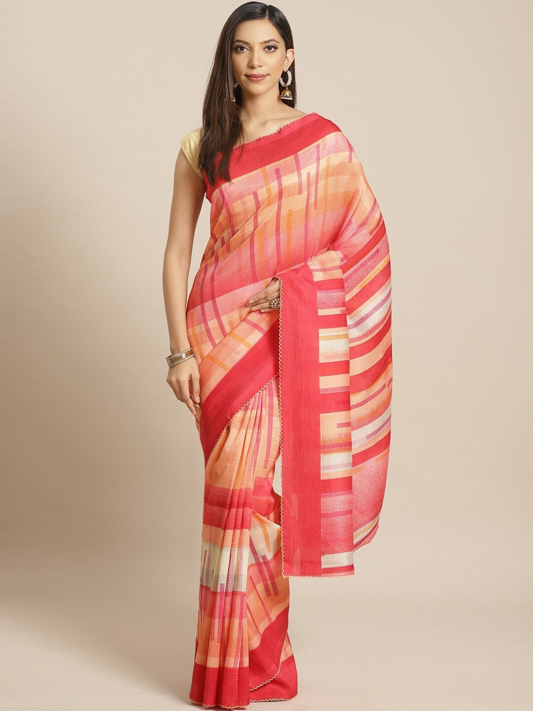 Shaily Stripes Printed Saree, Red