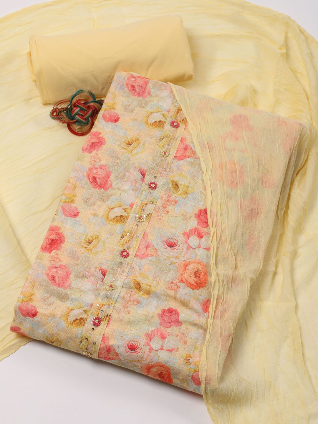 Meena Bazaar Printed Unstitched Dress Material, Yellow