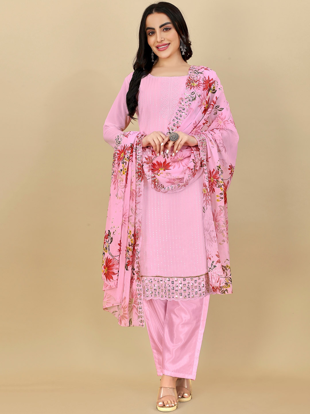Hinaya Striped Embroidered Boat Neck Georgette Straight Kurta With Trousers & Dupatta, Pink
Hinaya Striped Embroidered Boat Neck Georgette Straight Kurta With Trousers & Dupatta, Pink