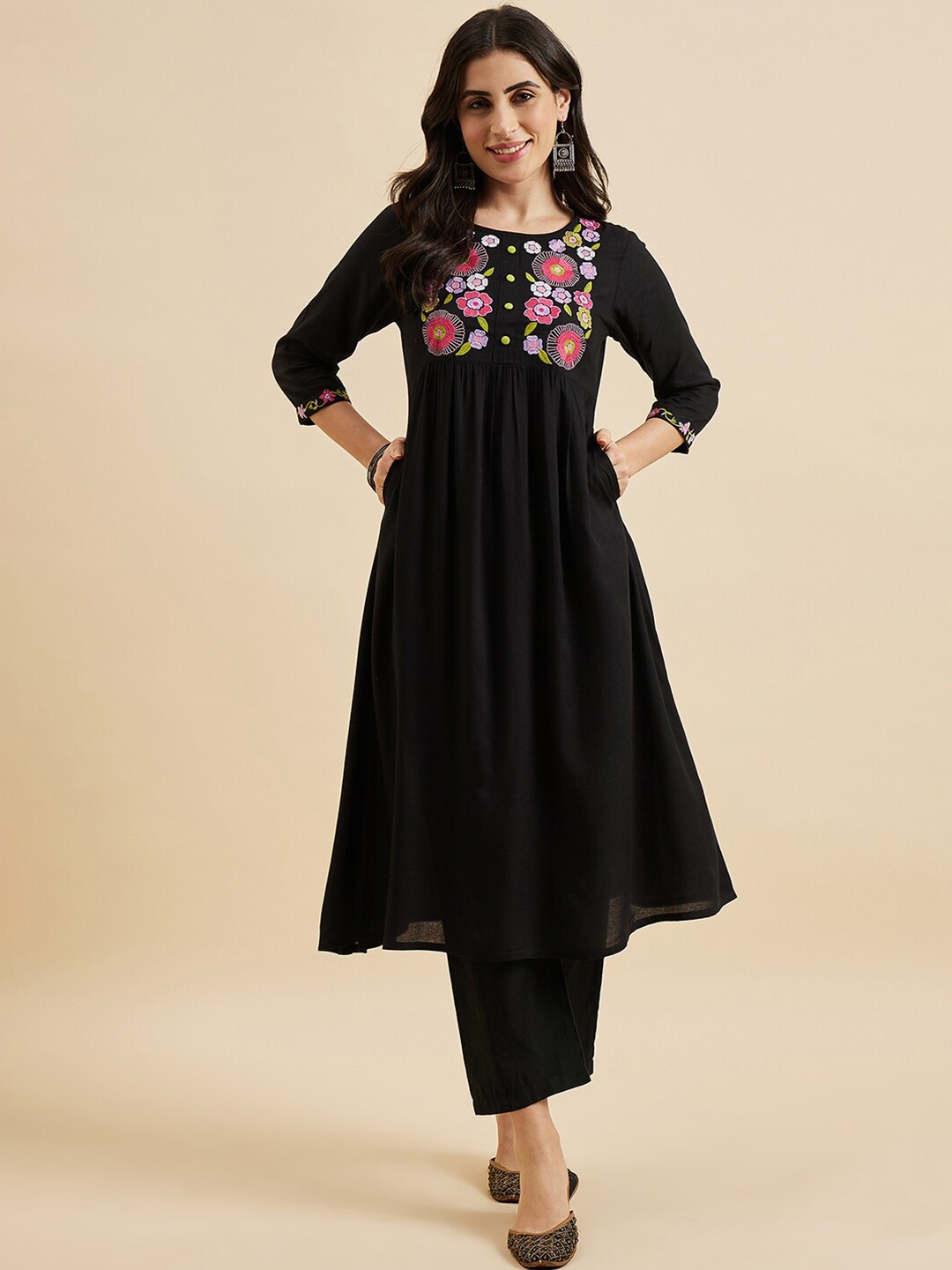 Azira Floral Yoke Design Round Neck Regular Sleeves Thread Work Kurta With Trousers, Black
Azira Floral Yoke Design Round Neck Regular Sleeves Thread Work Kurta With Trousers, Black