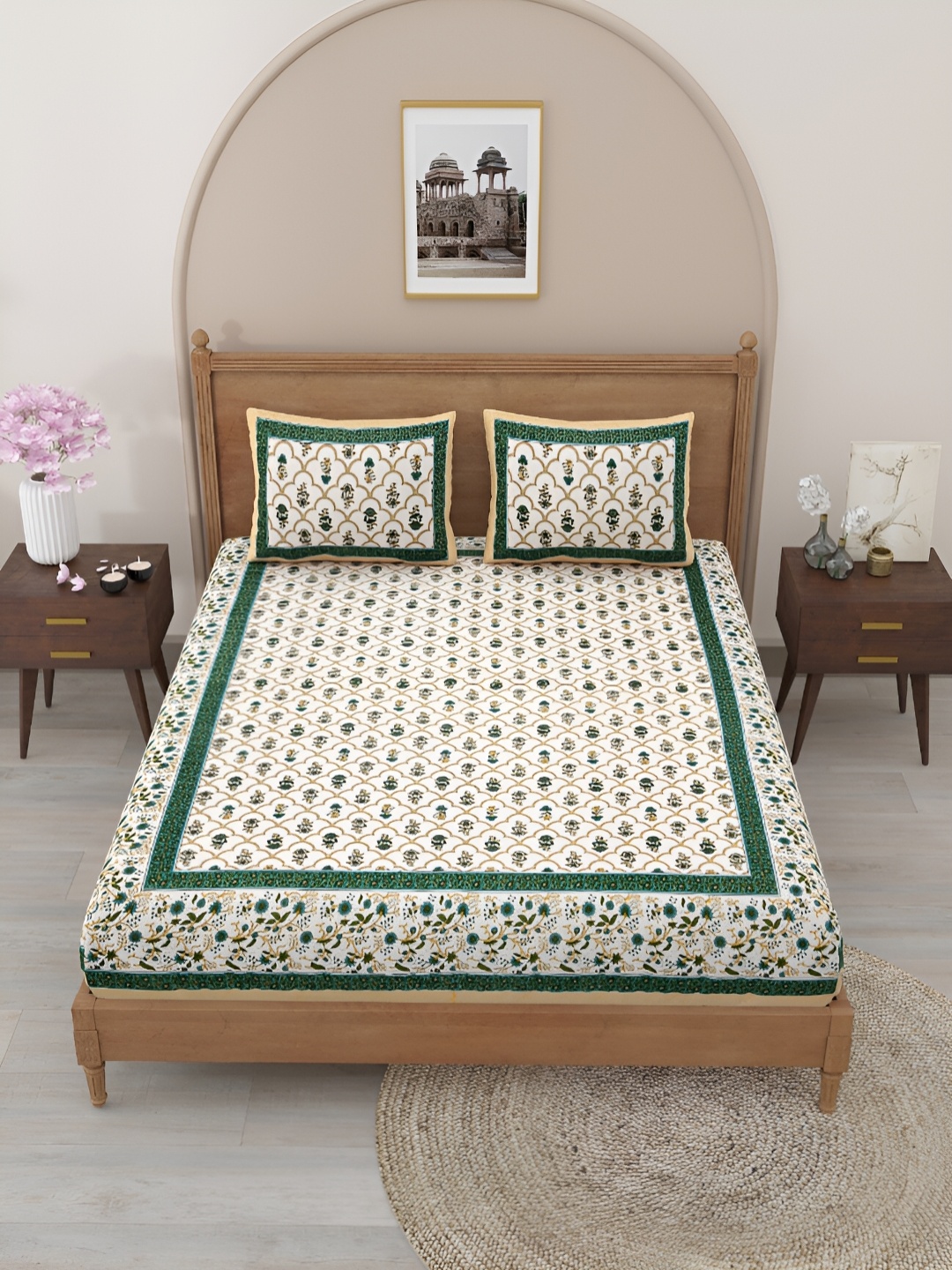 Salona Bichona Green & Mustard Floral 152 TC Pure Cotton Queen Bedsheet & 2 Pillow Covers
Salona Bichona Green & Mustard Floral 152 TC Pure Cotton Queen Bedsheet & 2 Pillow Covers
