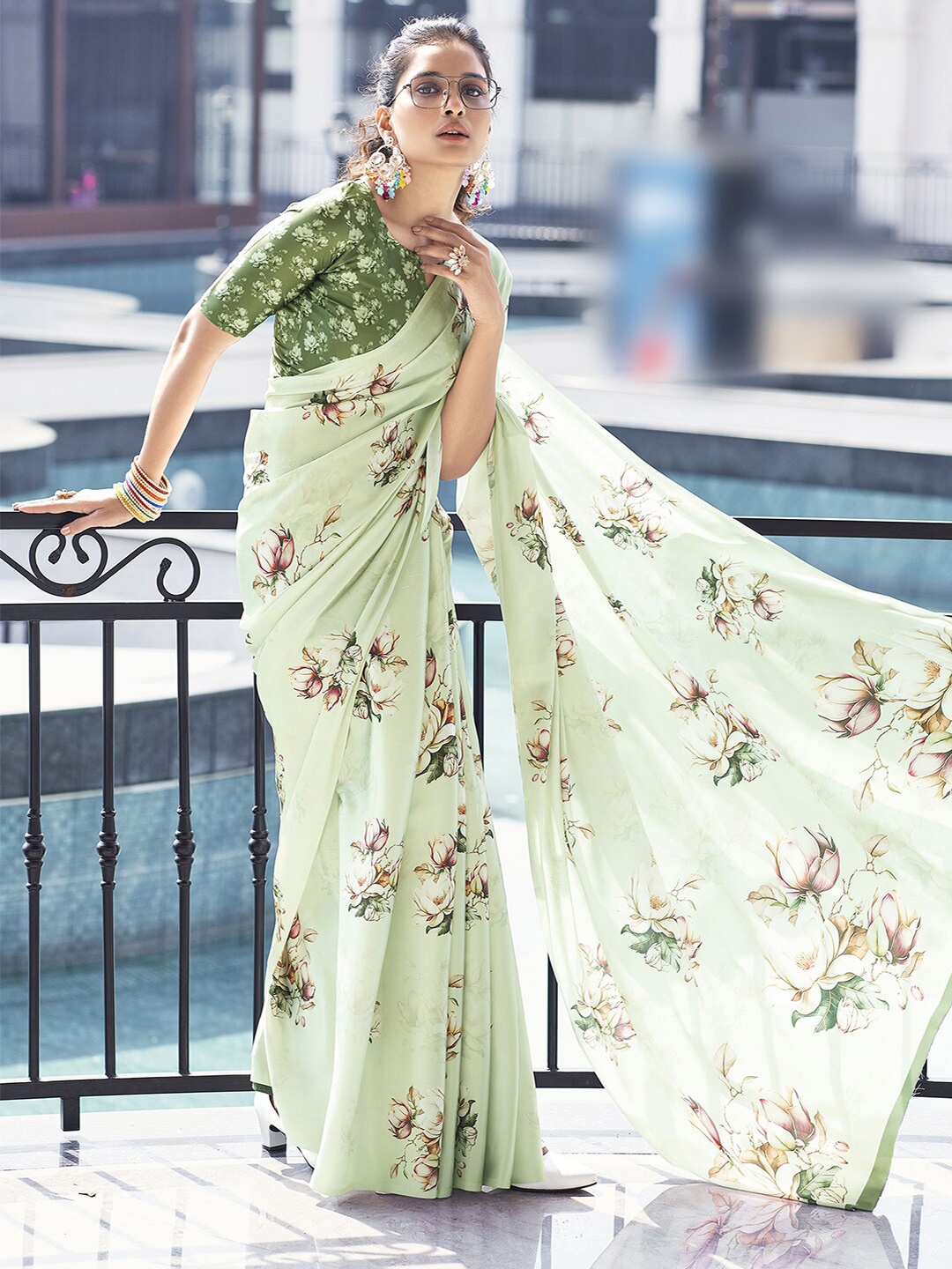 Satrani Lime Green Floral Printed Maheshwari Satin Saree