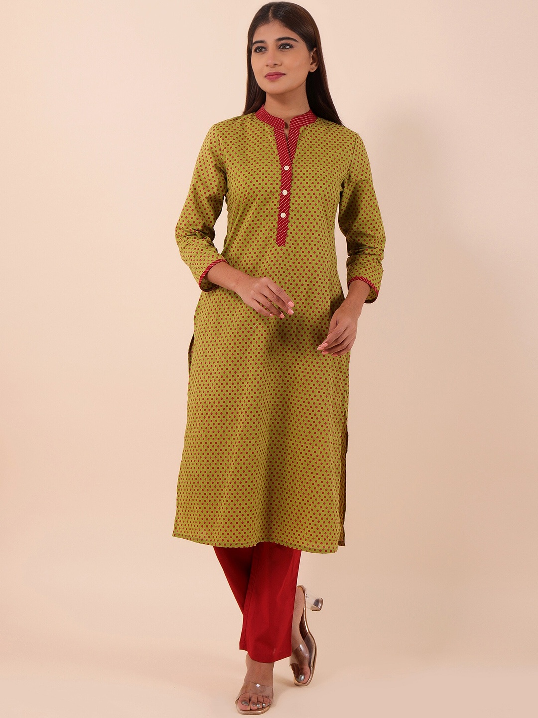 Sangria Polka Dots Printed Pure Cotton Kurta & Trousers, Green