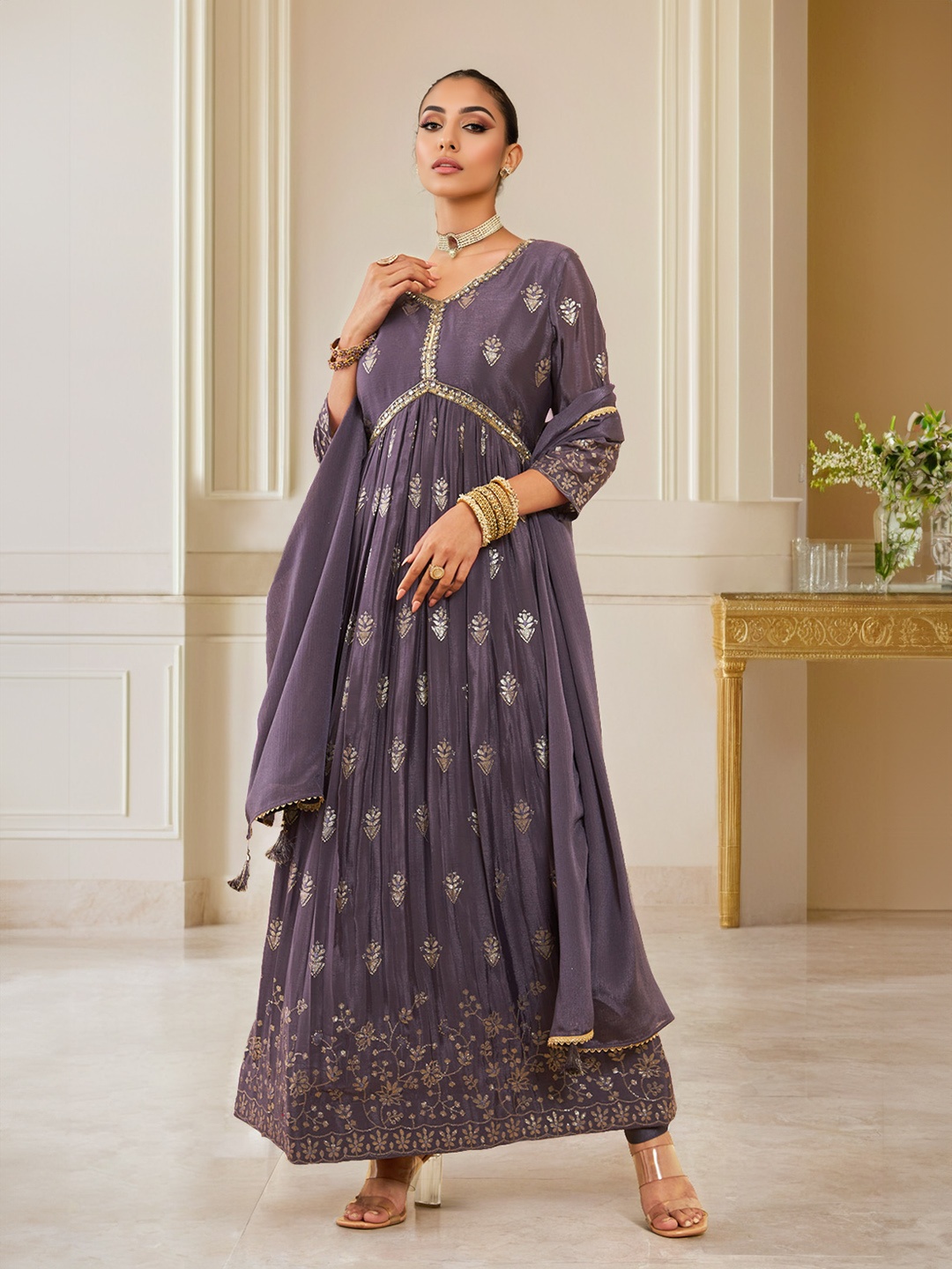 Soch Ethnic Motifs Embroidered Empire Mirror Work Kurta With Churidar & Dupatta, Purple
Soch Ethnic Motifs Embroidered Empire Mirror Work Kurta With Churidar & Dupatta, Purple