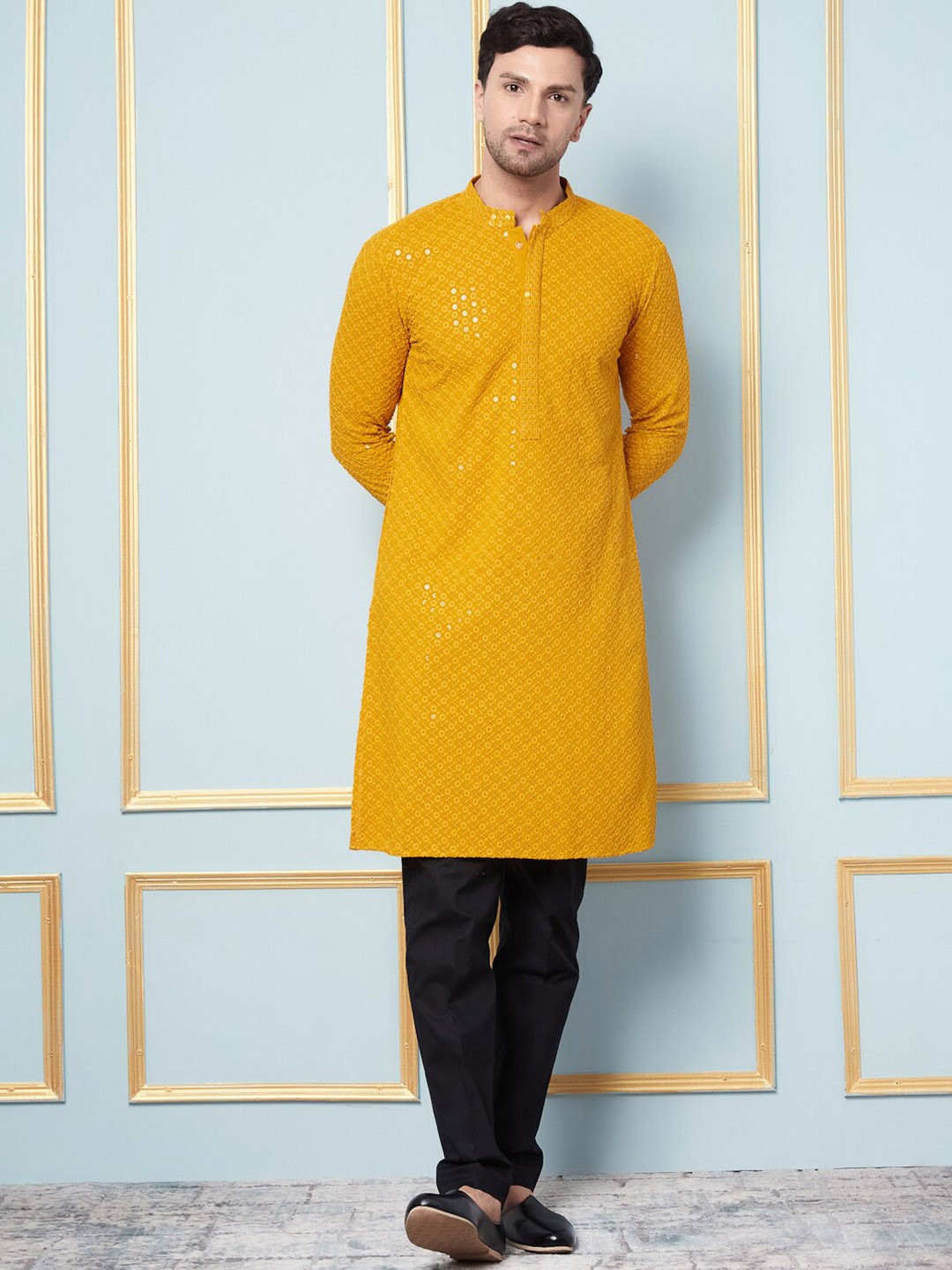 See Designs Floral Embroidered Mandarin Collar Long Sleeves Sequinned Kurta, Mustard
See Designs Floral Embroidered Mandarin Collar Long Sleeves Sequinned Kurta, Mustard