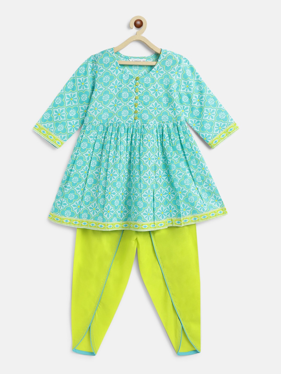 Campana Girls Ethnic Motifs Printed Pleated Anarkali Pure Cotton Kurti with Dhoti Pants, Turquoise blue
Campana Girls Ethnic Motifs Printed Pleated Anarkali Pure Cotton Kurti with Dhoti Pants, Turquoise blue