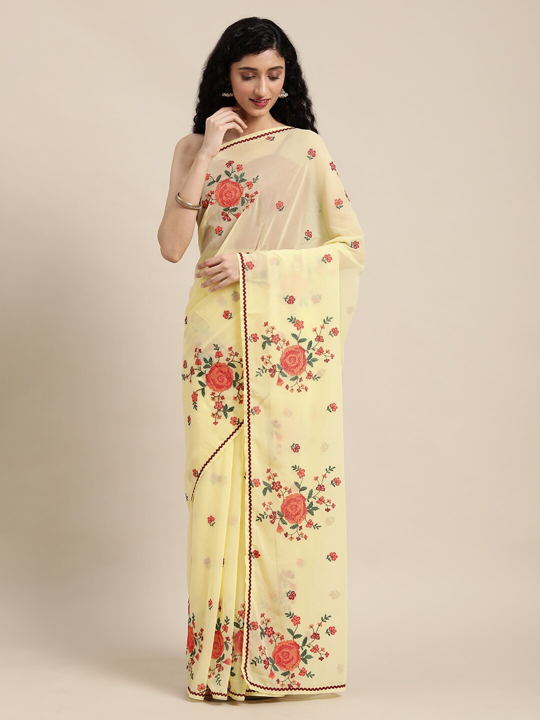 HRITIKA Floral Embroidered Pure Georgette Saree, Yellow