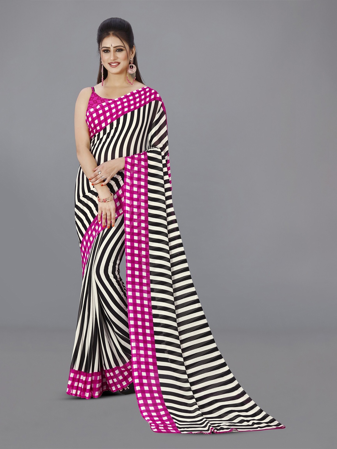 ANAND SAREES Striped Printed Saree, Pink