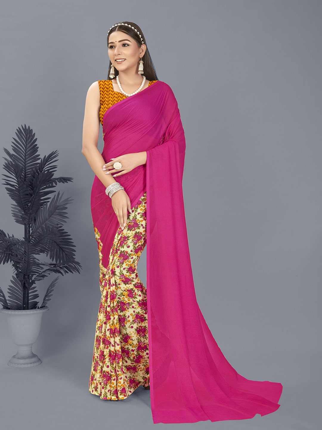 ANAND SAREES Floral Printed Half and Half Saree, Pink