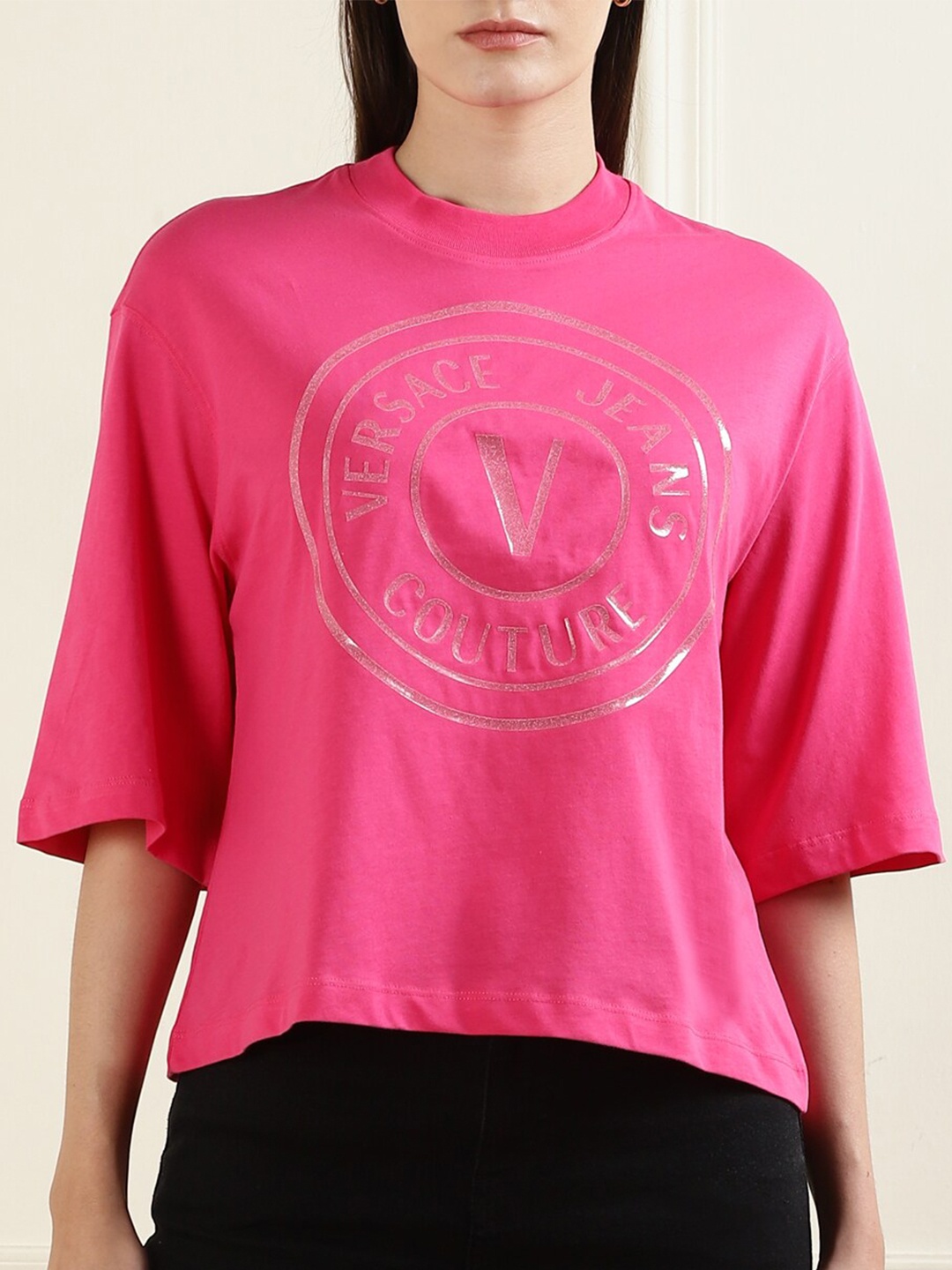 Versace Jeans Couture Typography Printed Round Neck Short Sleeves Cotton T-shirt, Pink
Versace Jeans Couture Typography Printed Round Neck Short Sleeves Cotton T-shirt, Pink