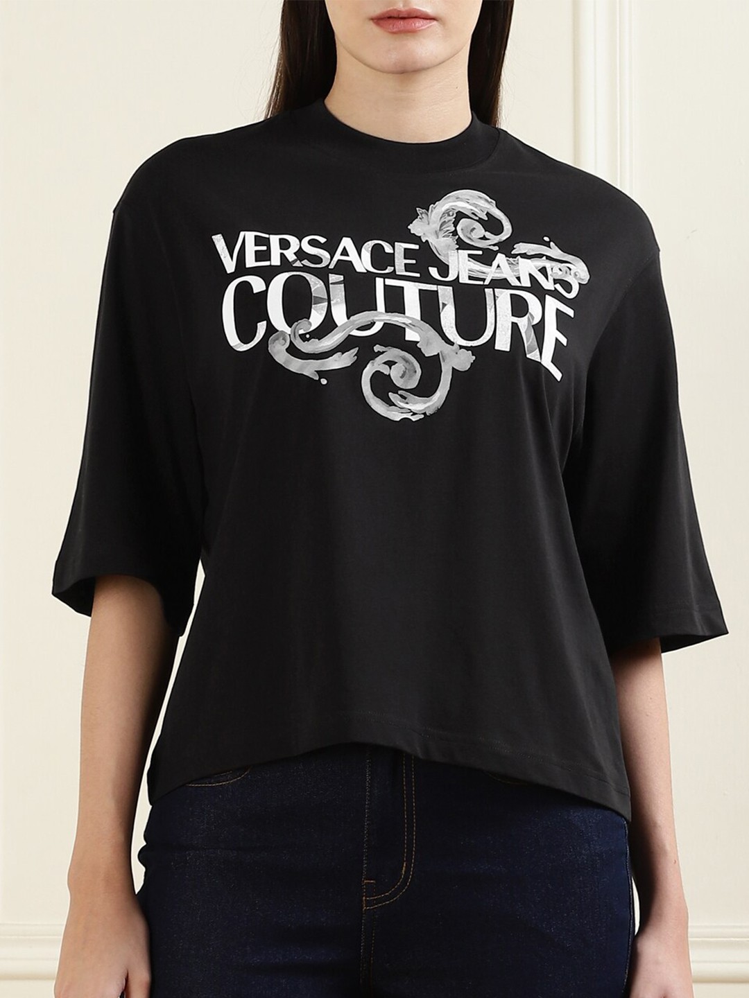 Versace Jeans Couture Typography Printed Round Neck Short Sleeves Cotton T-shirt, Black
Versace Jeans Couture Typography Printed Round Neck Short Sleeves Cotton T-shirt, Black