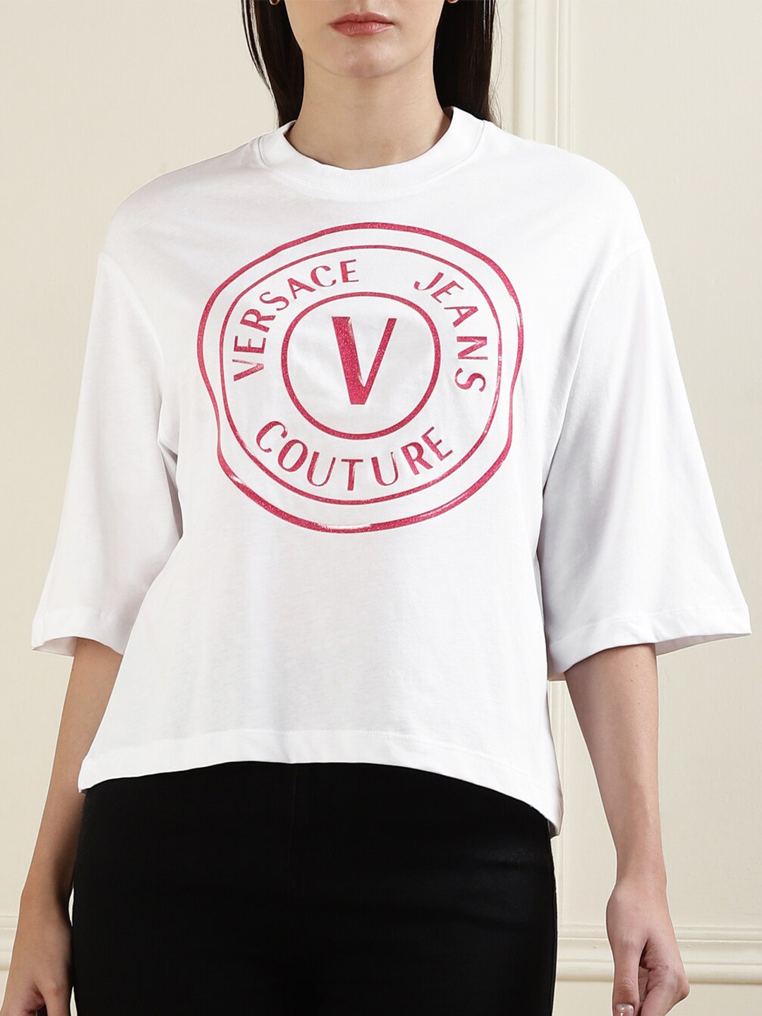 Versace Jeans Couture Typography Printed Round Neck Short Sleeves Cotton T-shirt, White
Versace Jeans Couture Typography Printed Round Neck Short Sleeves Cotton T-shirt, White