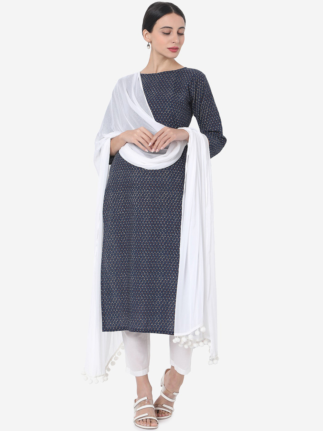 Shaily Floral Printed Regular Kurta with Palazzos & With Dupatta, Navy blue