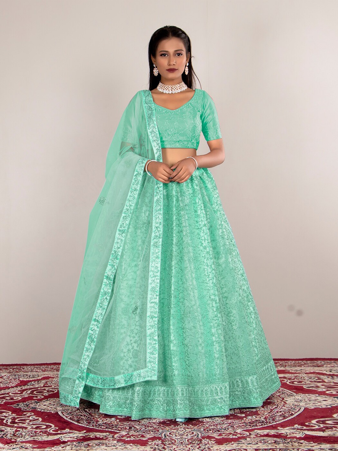 HALFSAREE STUDIO Floral Embroidered Semi-Stitched Lehenga & Unstitched Blouse With Dupatta, Sea green
HALFSAREE STUDIO Floral Embroidered Semi-Stitched Lehenga & Unstitched Blouse With Dupatta, Sea green