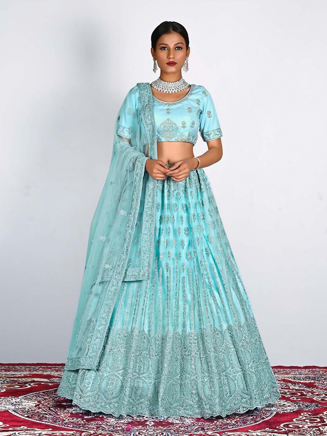 HALFSAREE STUDIO Floral Embroidered Semi-Stitched Lehenga & Unstitched Blouse With Dupatta, Sea green
HALFSAREE STUDIO Floral Embroidered Semi-Stitched Lehenga & Unstitched Blouse With Dupatta, Sea green