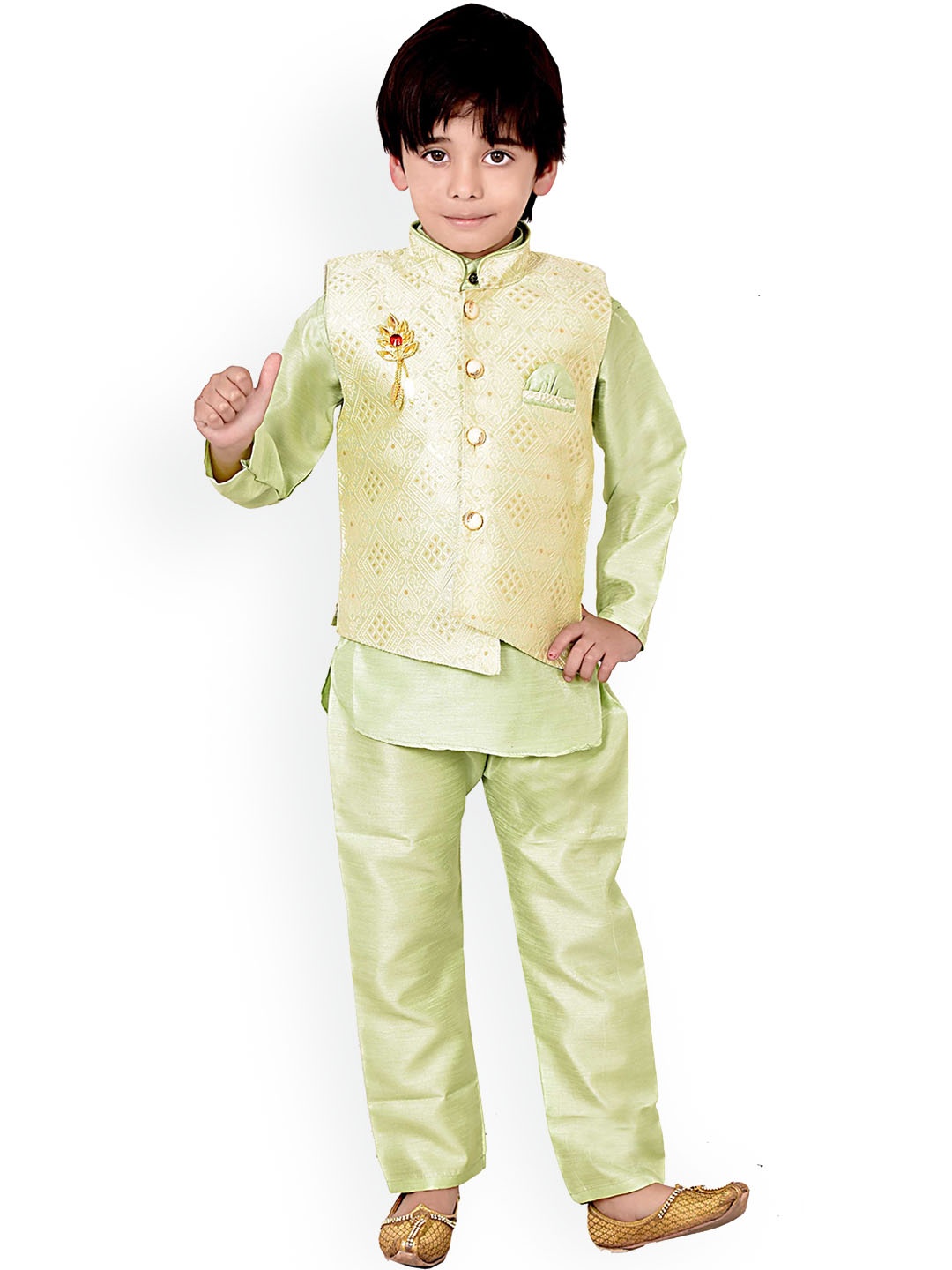 BAESD Boys Mandarin Collar Banarasi Silk Kurta With Pyjama & Waistcoat, Green
BAESD Boys Mandarin Collar Banarasi Silk Kurta With Pyjama & Waistcoat, Green