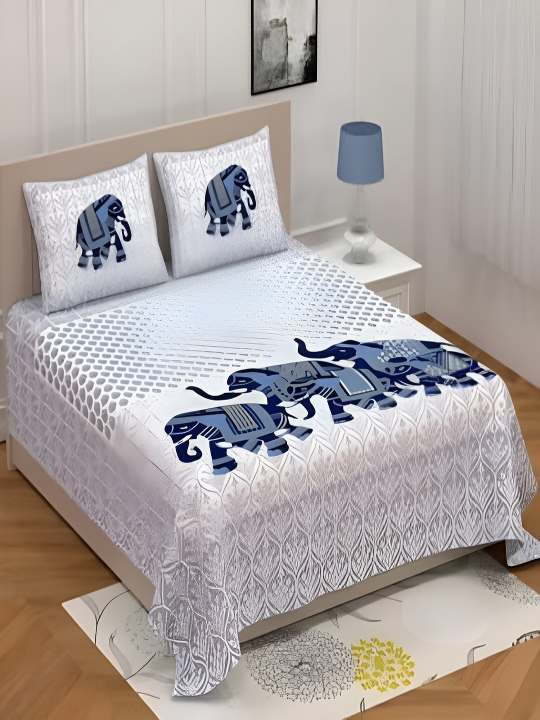 Runjhun Blue & White Elaphant Printed 144 TC Pure Cotton Queen Bedsheet & 2 Pillow Covers
Runjhun Blue & White Elaphant Printed 144 TC Pure Cotton Queen Bedsheet & 2 Pillow Covers