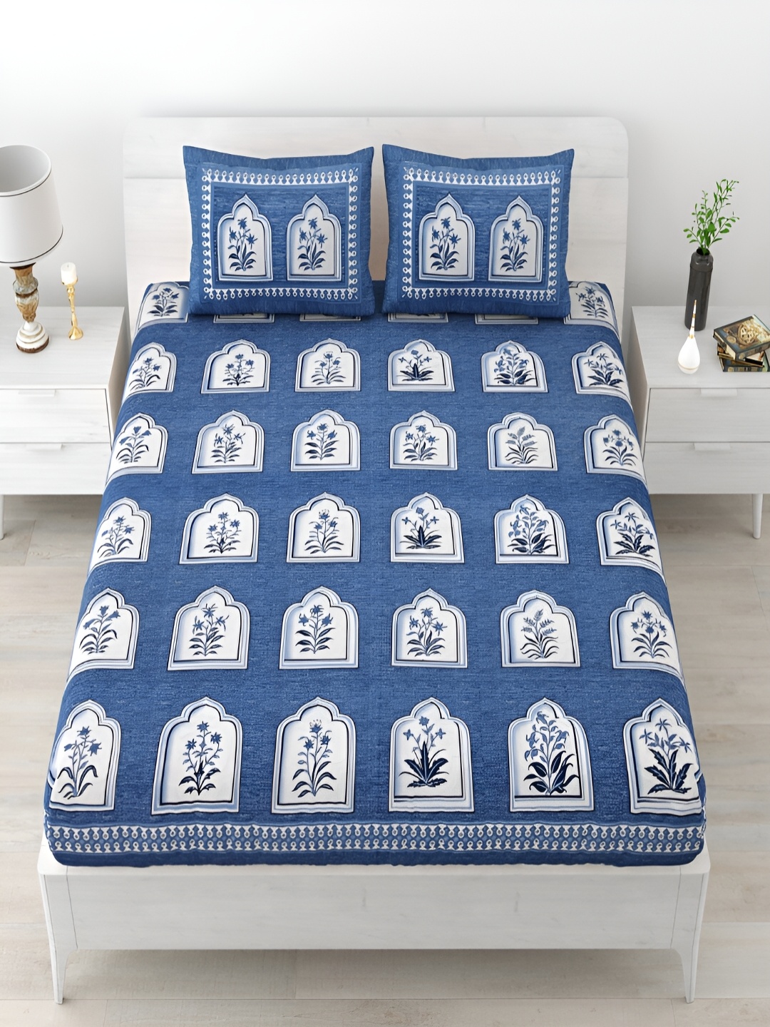 Runjhun Blue & white Floral Printed 144 TC Pure Cotton Queen Bedsheet & 2 Pillow Covers
Runjhun Blue & white Floral Printed 144 TC Pure Cotton Queen Bedsheet & 2 Pillow Covers