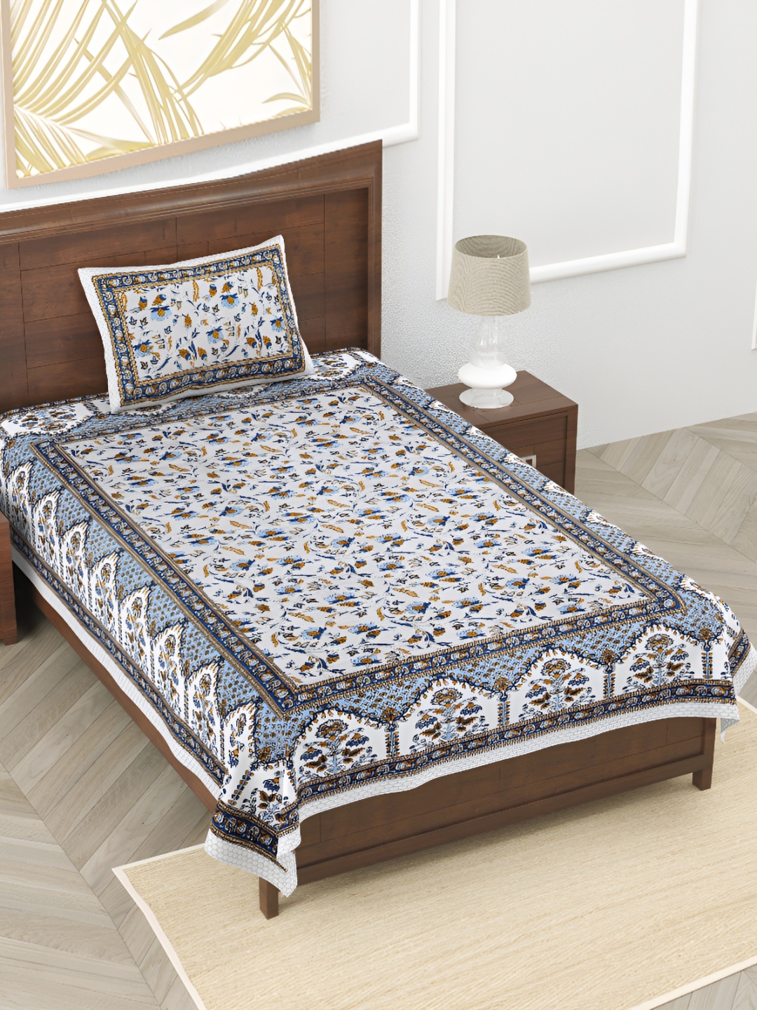 EasyGoods Gold-Toned & Blue Floral Pure Cotton 210 TC Single Bedsheet With 1 Pillow Cover
EasyGoods Gold-Toned & Blue Floral Pure Cotton 210 TC Single Bedsheet With 1 Pillow Cover