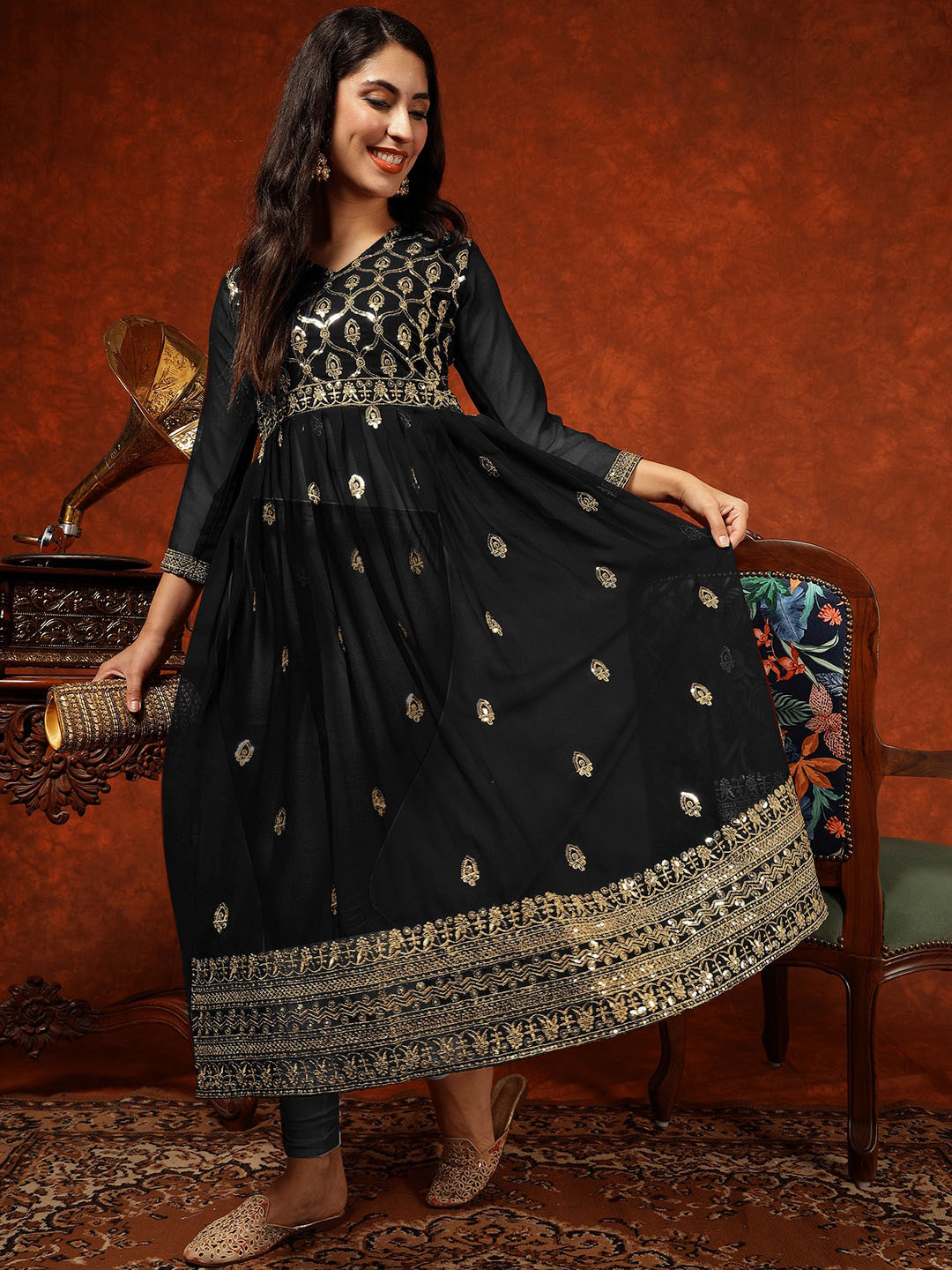 KALINI Ethnic Motifs Embroidered Thread Work Georgette Anarkali Kurta, Black
KALINI Ethnic Motifs Embroidered Thread Work Georgette Anarkali Kurta, Black