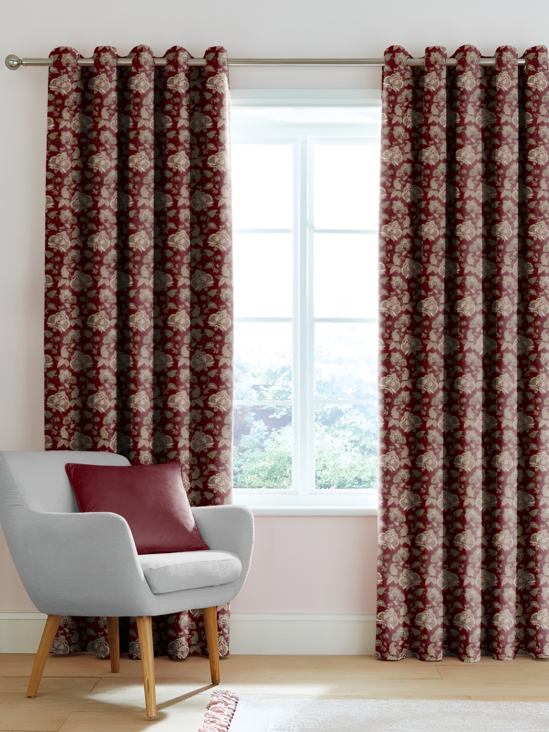 CASABLEU Maroon & Beige 2 Pieces Ethnic Motifs Room Darkening Long Door Curtains
