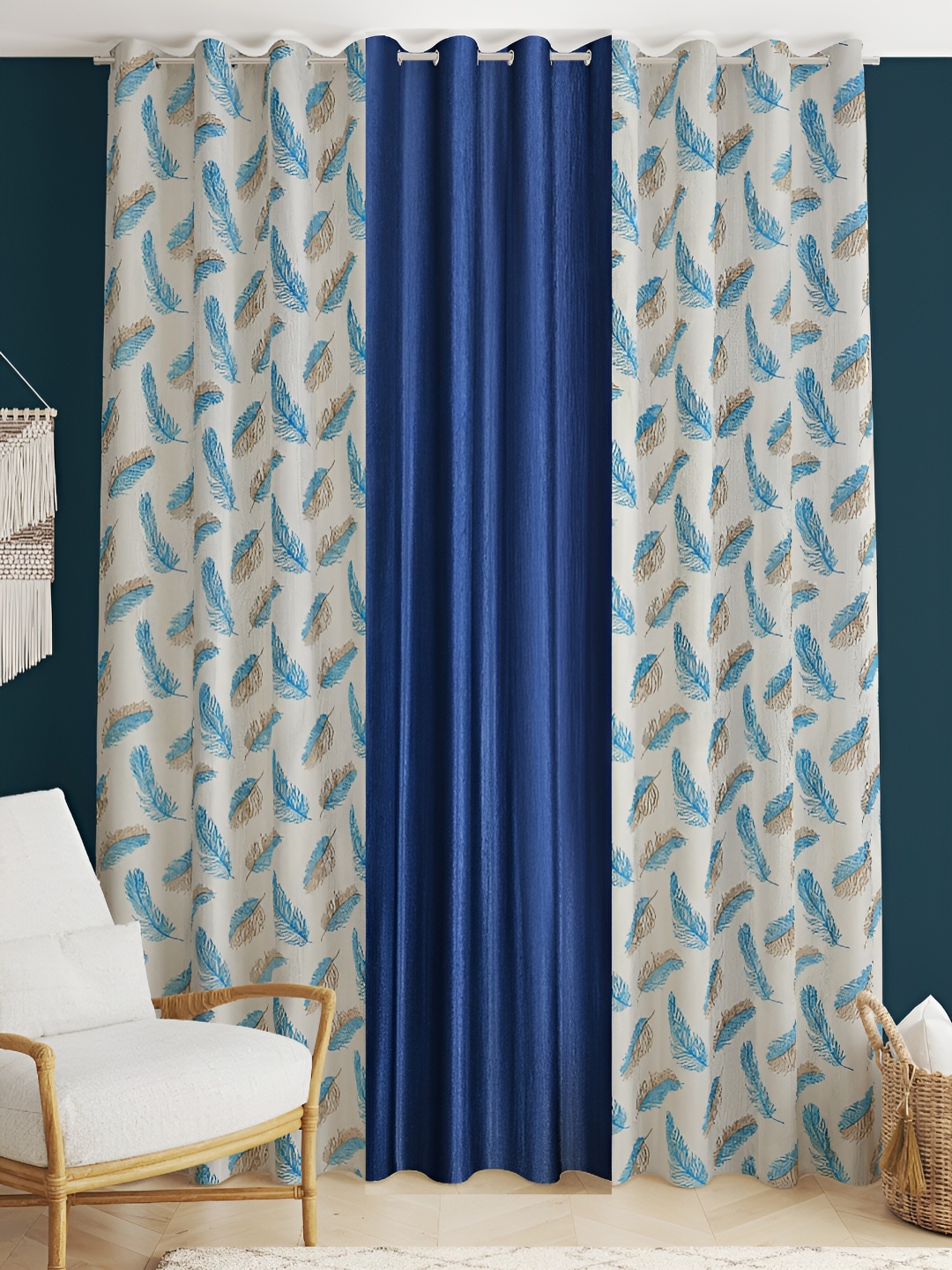 stuffique Blue 3 Pcs Printed Door Curtains
