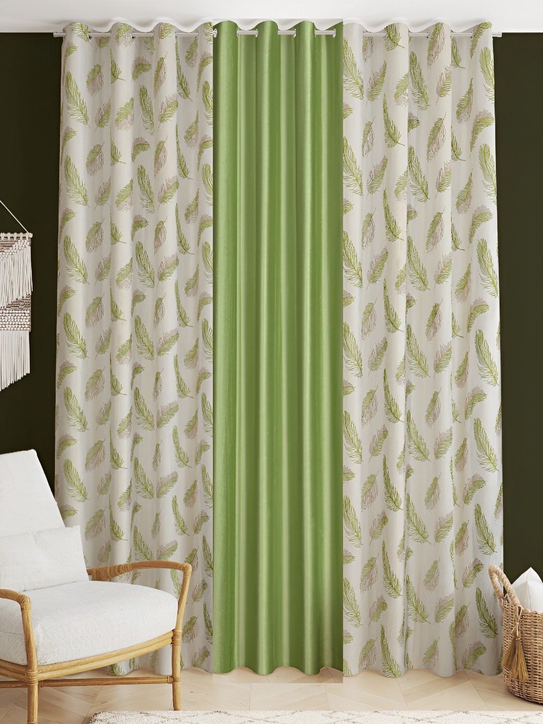 stuffique Lime Green 3 Pcs Printed Door Curtains