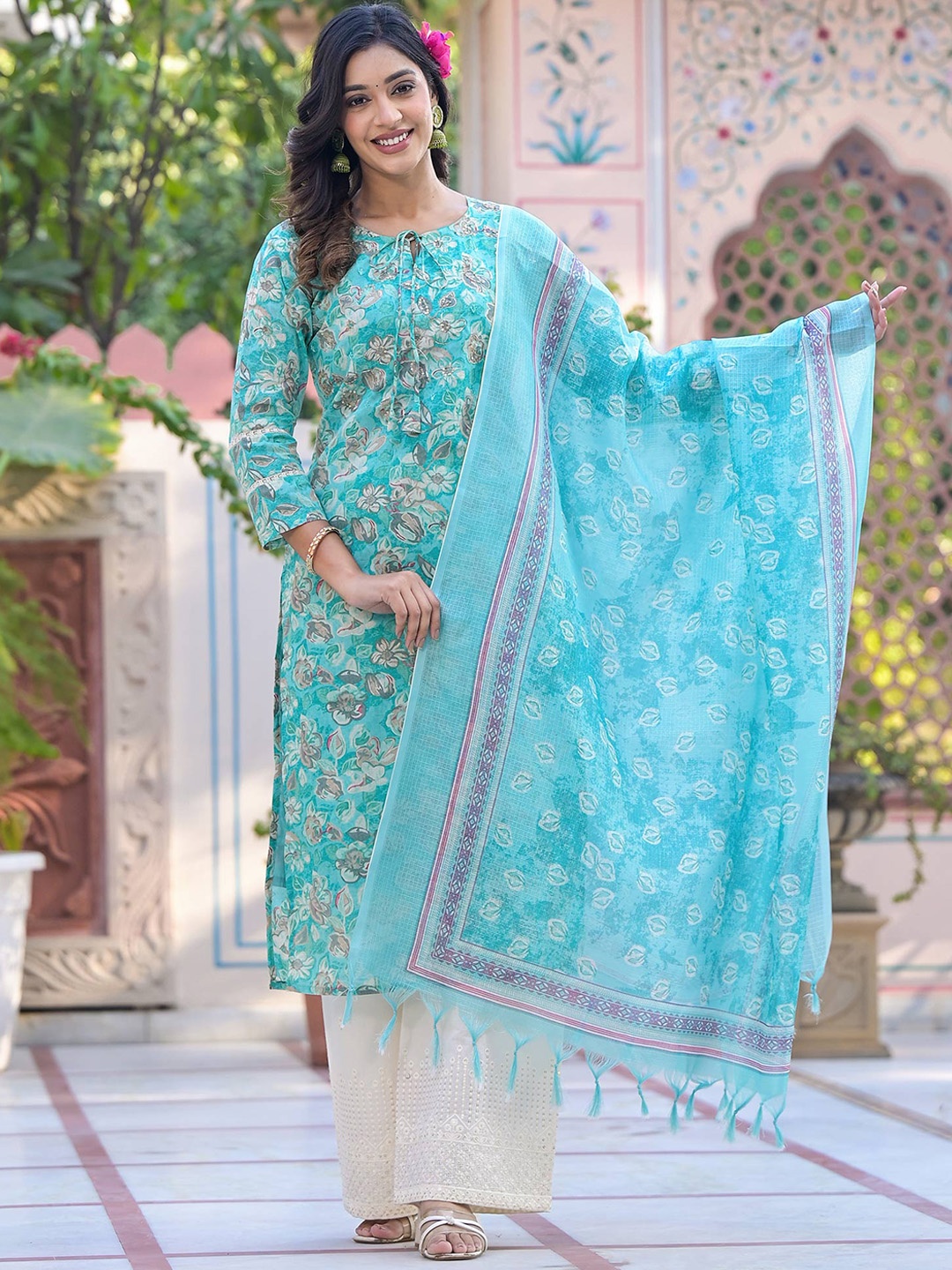 Peachmode Floral Printed Sequinned Pure Cotton Kurta with Trousers & With Dupatta, Turquoise blue
Peachmode Floral Printed Sequinned Pure Cotton Kurta with Trousers & With Dupatta, Turquoise blue