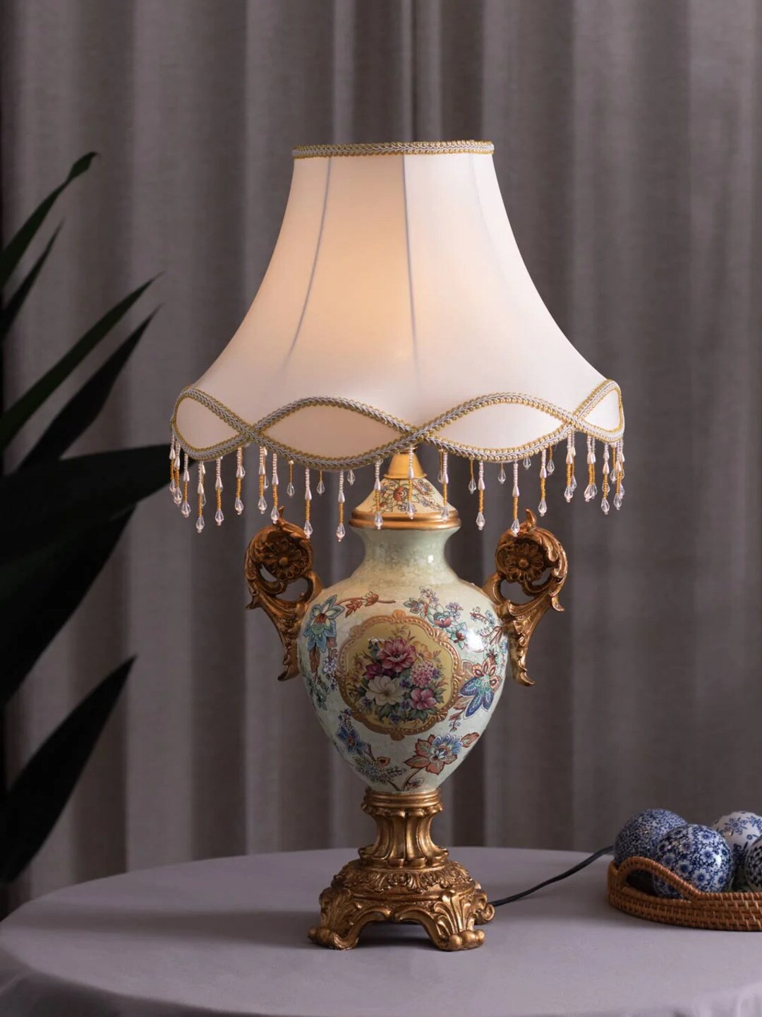 THEDECORKART White & Gold Toned Textured Frustum Shaped Metal Table Lamp