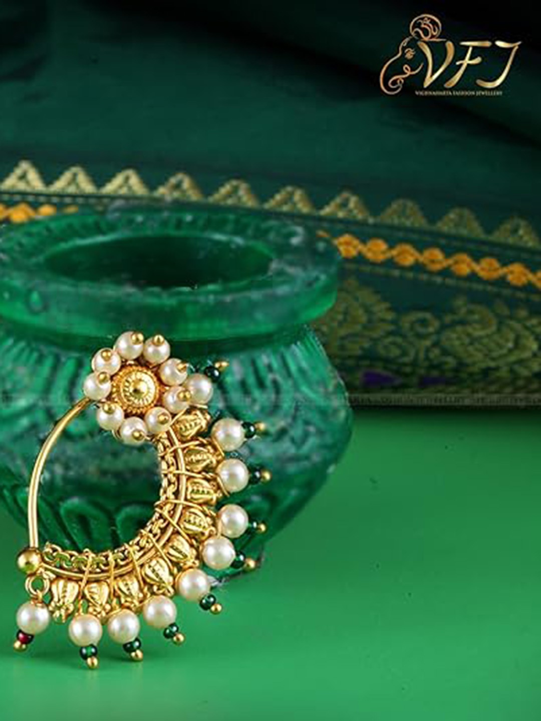 Vighnaharta Gold Plated Pearls Nose Ring