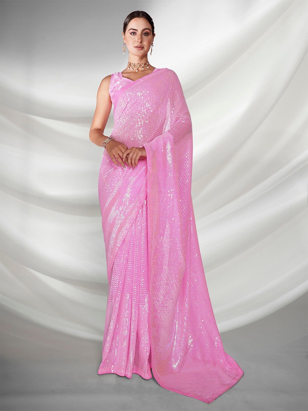 Globon Impex Embellished Sequinned Pure Georgette Saree, Pink
