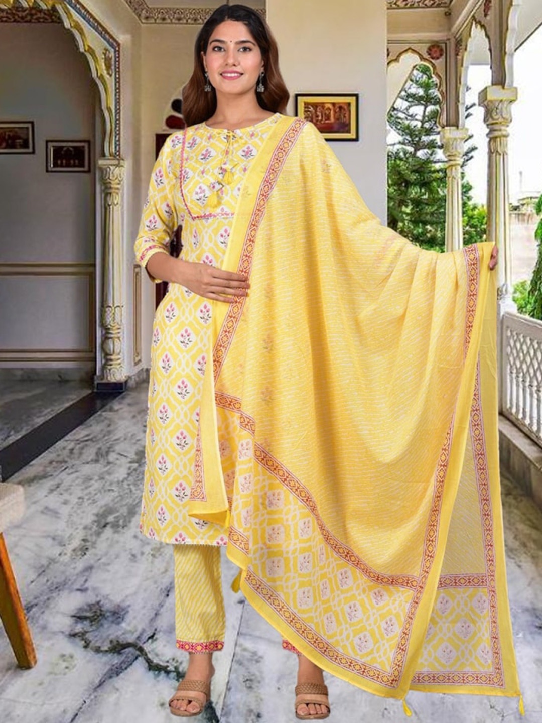 KALINI Ethnic Motifs Printed Pure Cotton Straight Kurta With Trouser & Dupatta, Yellow
KALINI Ethnic Motifs Printed Pure Cotton Straight Kurta With Trouser & Dupatta, Yellow