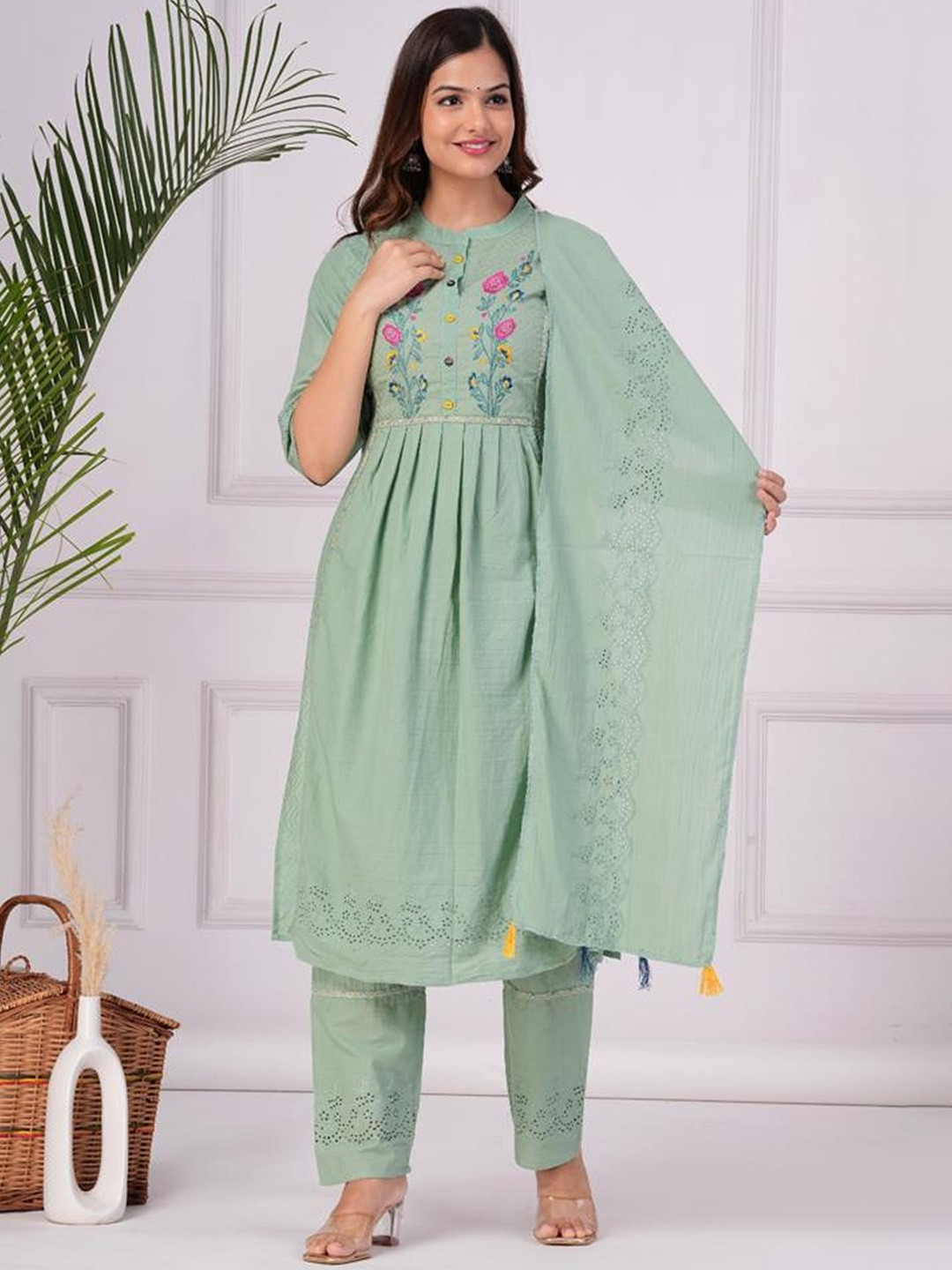 AARYAHI Floral Embroidered Empire Thread Work Pure Cotton Kurta With Trousers & Dupatta, Green
AARYAHI Floral Embroidered Empire Thread Work Pure Cotton Kurta With Trousers & Dupatta, Green