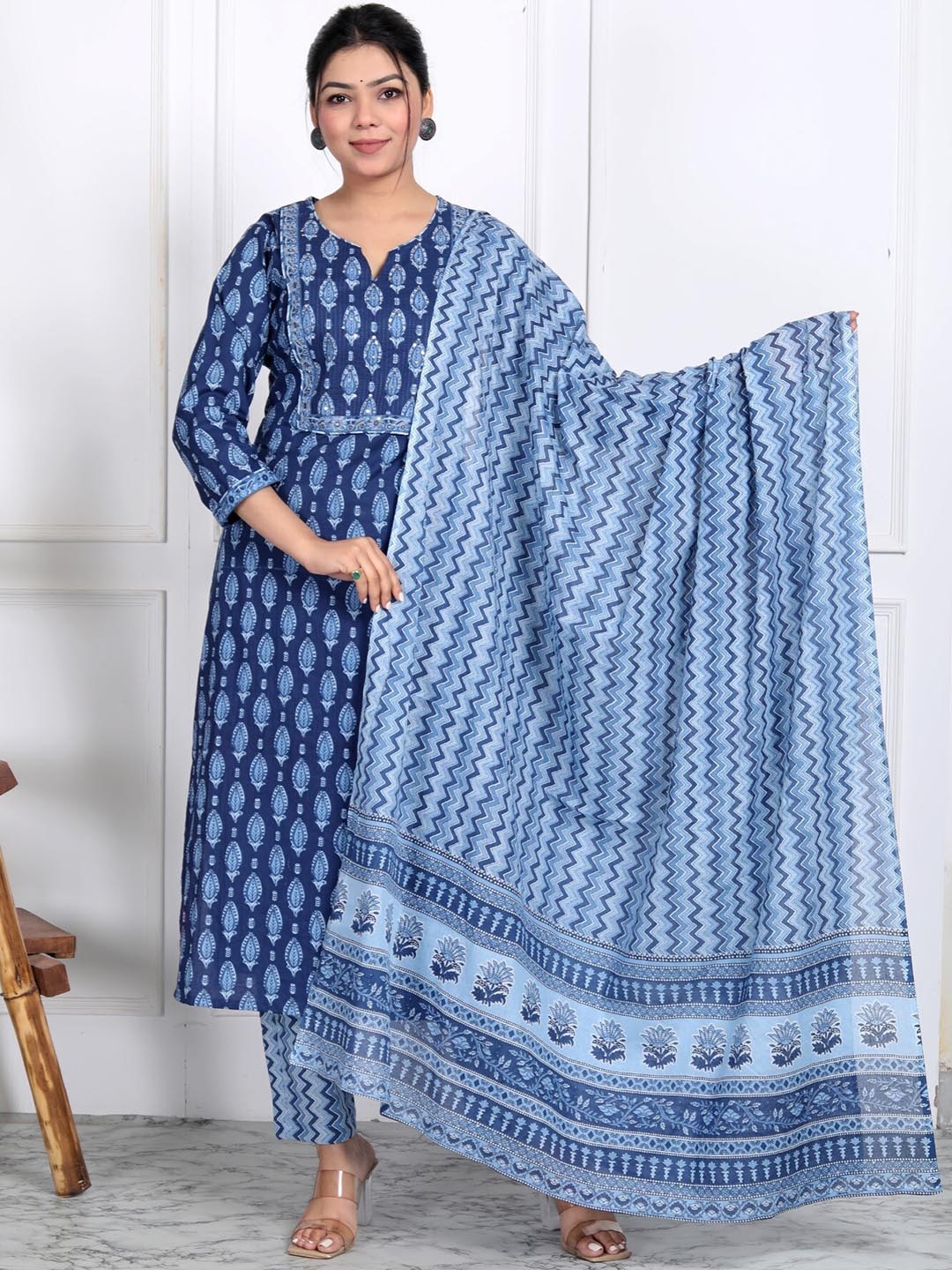 Swasti Ethnic Motifs Printed Regular Pure Cotton Kurta With Trousers & Dupatta, Blue
Swasti Ethnic Motifs Printed Regular Pure Cotton Kurta With Trousers & Dupatta, Blue