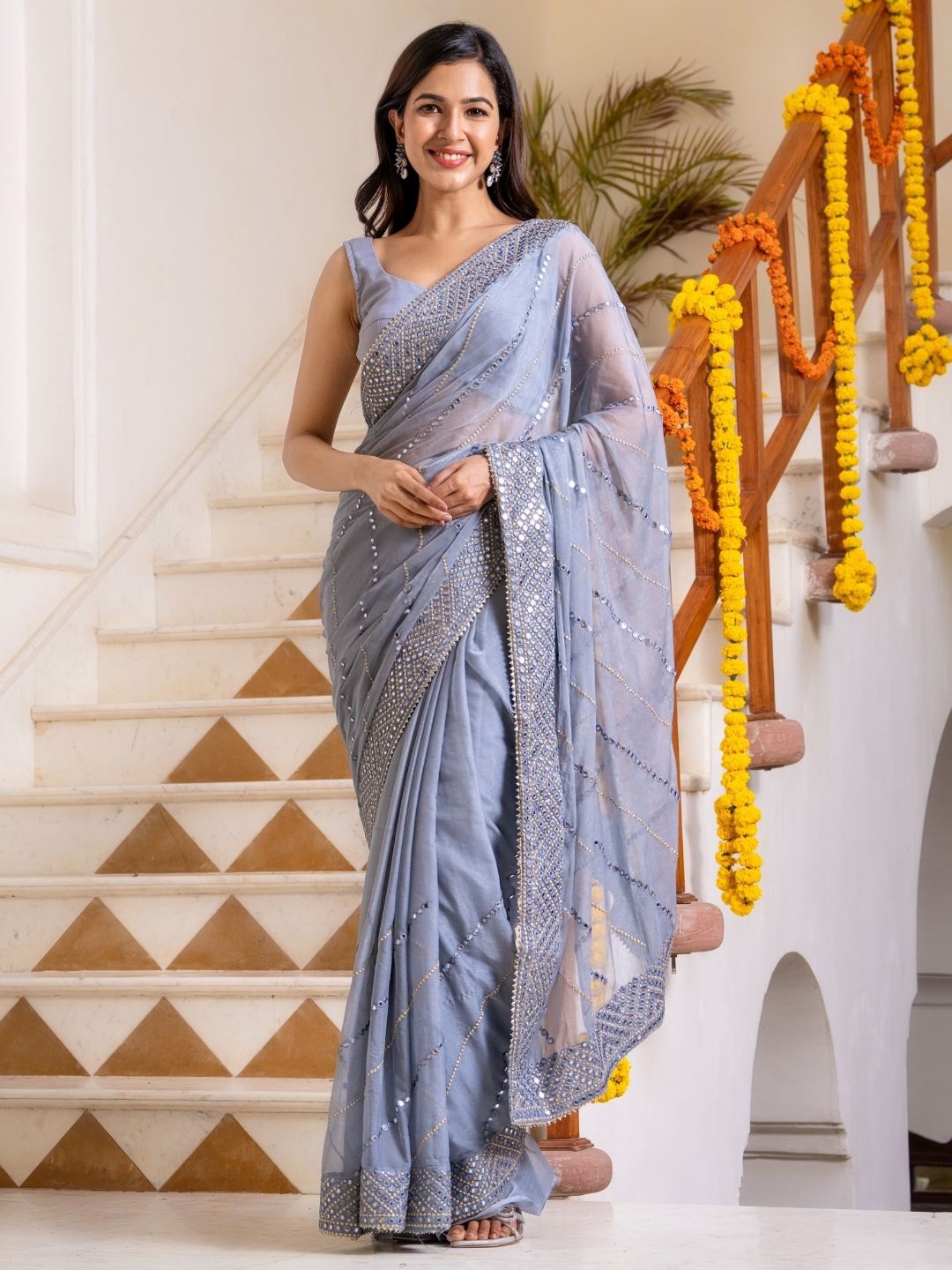 PRETTY PALLU Embellished Mirror Work Poly Chiffon Saree, Grey