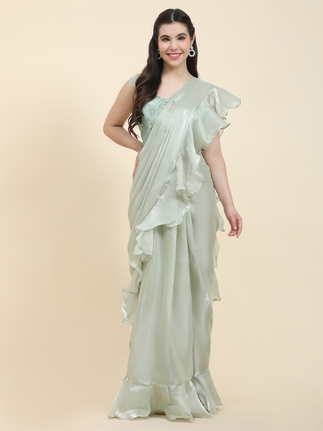 AMOHA TRENDZ Sequinned Satin Saree, Green