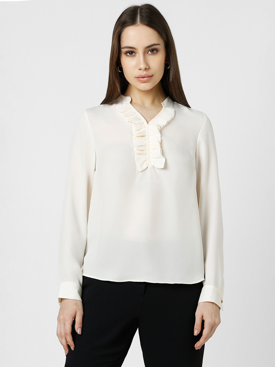 Van Heusen Woman Mandarin Collar Cuffed Sleeves Ruffles Top, Cream 
Van Heusen Woman Mandarin Collar Cuffed Sleeves Ruffles Top, Cream
