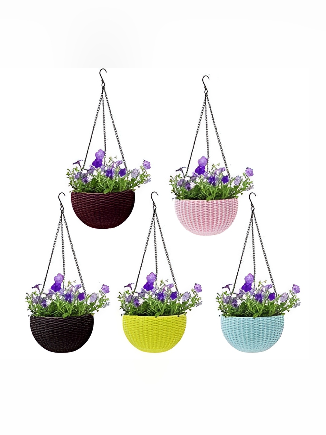 AGAMI 5-Pcs Pink & Green Woven Design Hanging Planters