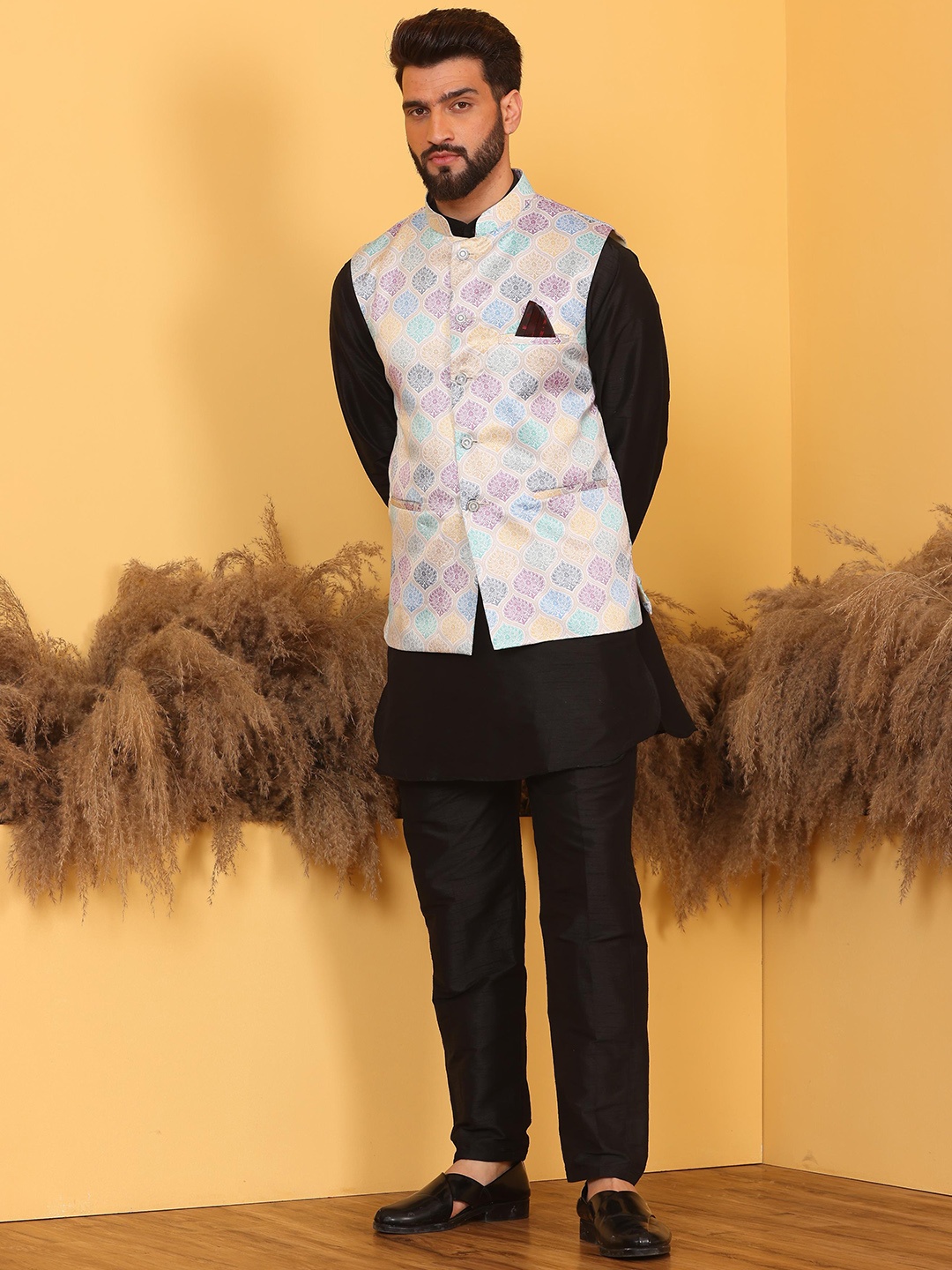 Armaan Ethnic Mandarin Collar Straight Kurta with Churidar & Nehru Jacket, Black
Armaan Ethnic Mandarin Collar Straight Kurta with Churidar & Nehru Jacket, Black