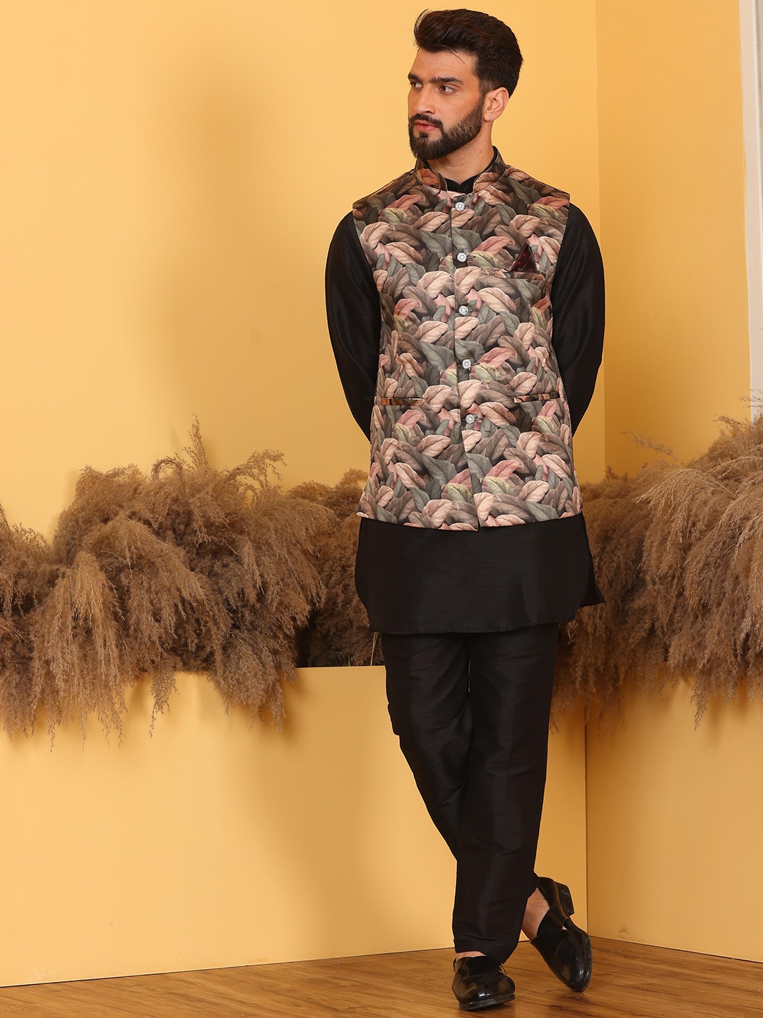 Armaan Ethnic Long Sleeves Mandarin Collar Kurta With Churidar & Nehru jacket, Black
Armaan Ethnic Long Sleeves Mandarin Collar Kurta With Churidar & Nehru jacket, Black