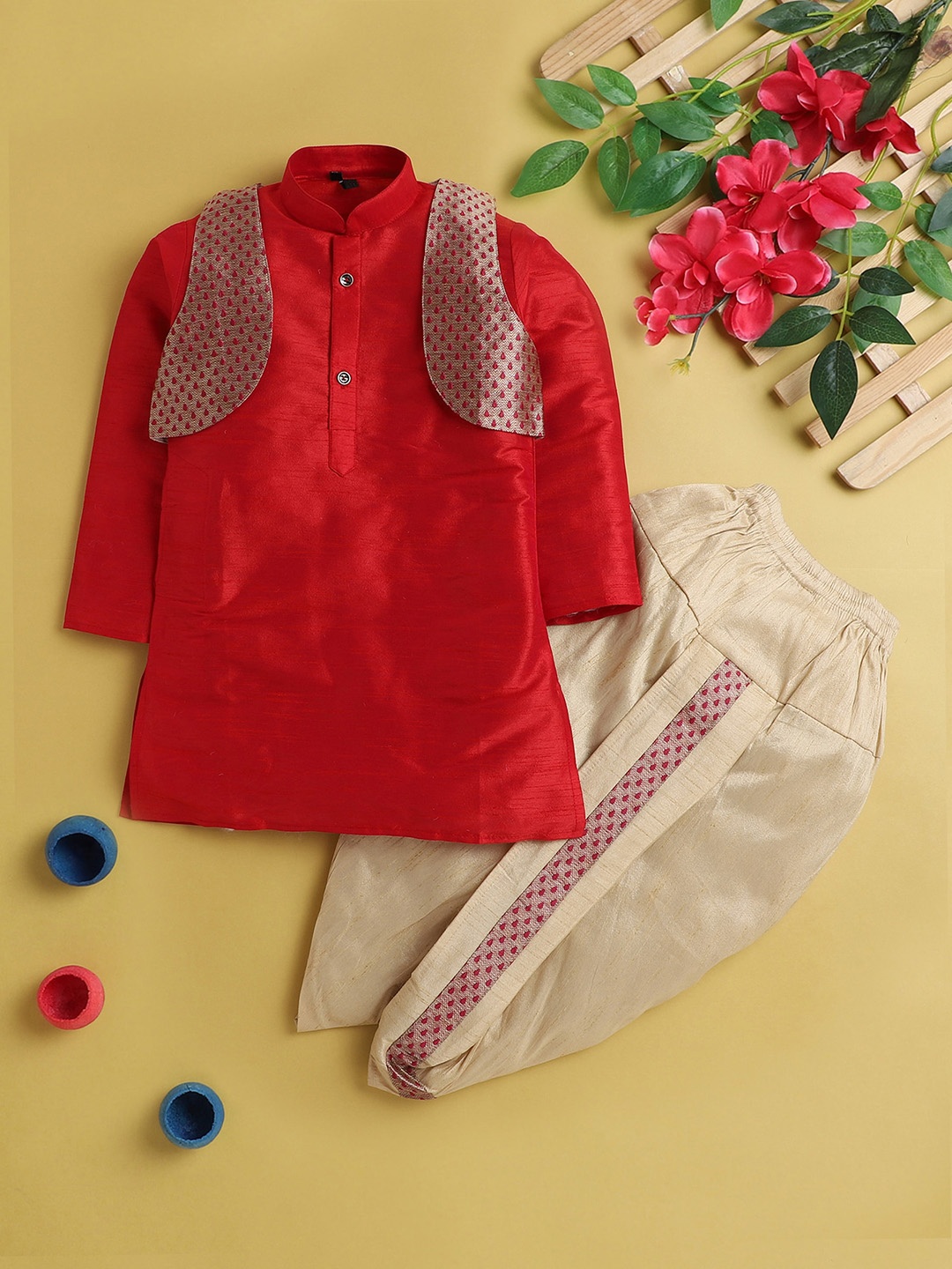 BAESD Boys Mandarin Collar Silk Cotton Straight Kurta & Dhoti Pant With Jacket, Red
BAESD Boys Mandarin Collar Silk Cotton Straight Kurta & Dhoti Pant With Jacket, Red