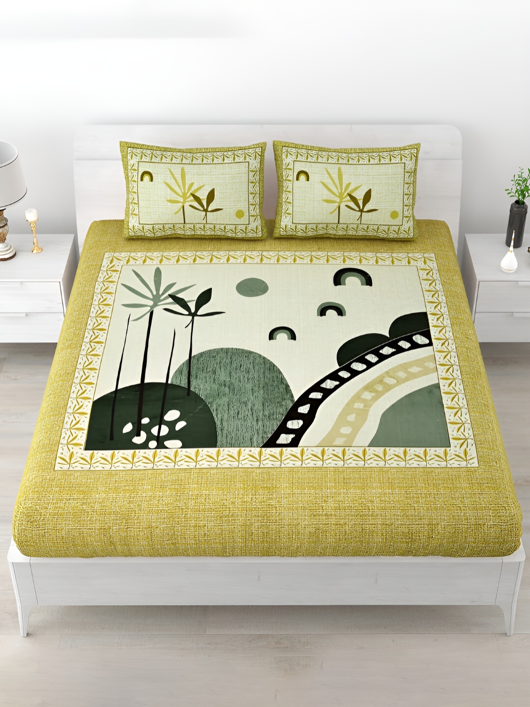 POORAK Green & Yellow Printed Cotton Fitted 186 TC King Bedsheet With 2 Pillow Covers
POORAK Green & Yellow Printed Cotton Fitted 186 TC King Bedsheet With 2 Pillow Covers