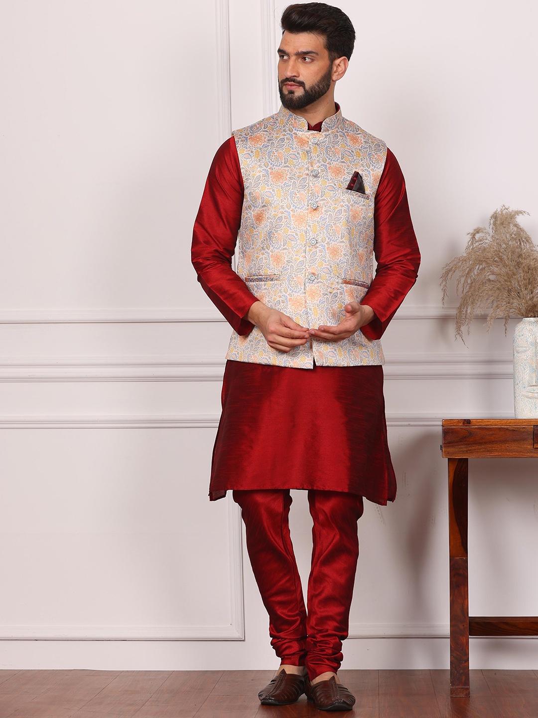 Armaan Ethnic Mandarin Collar Straight Kurta & Churidar With Nehru Jacket, Maroon
Armaan Ethnic Mandarin Collar Straight Kurta & Churidar With Nehru Jacket, Maroon