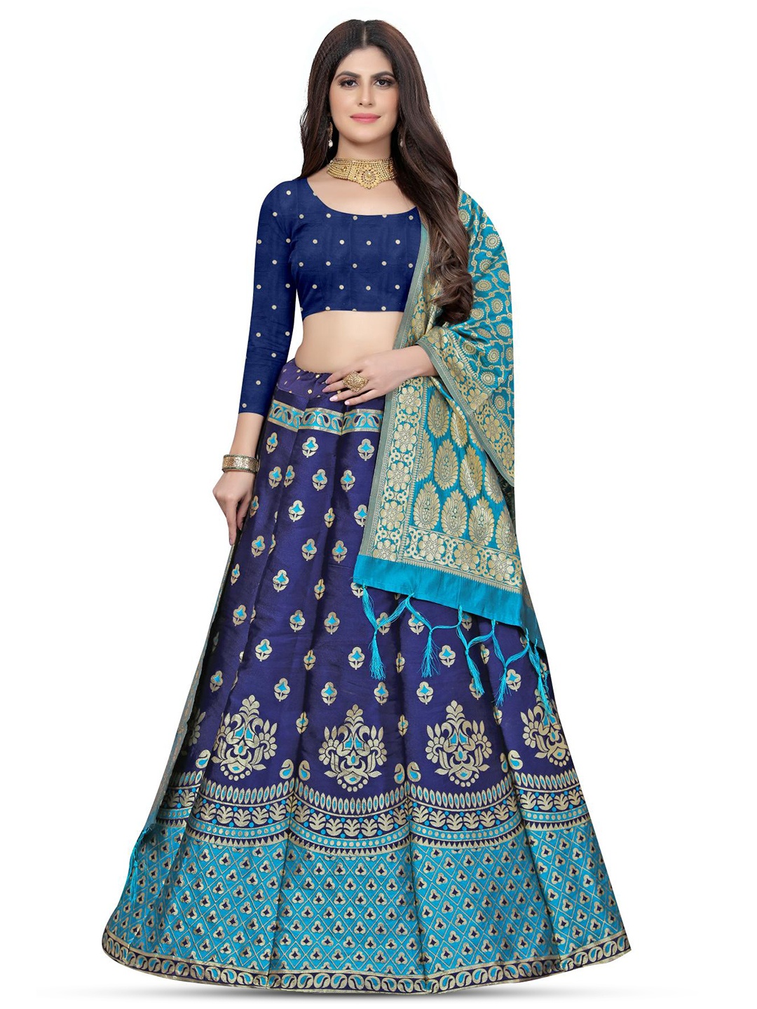 Rujave Ethnic Motif Woven Design Semi-Stitched Lehenga & Unstitched Blouse With Dupatta, Navy blue
Rujave Ethnic Motif Woven Design Semi-Stitched Lehenga & Unstitched Blouse With Dupatta, Navy blue