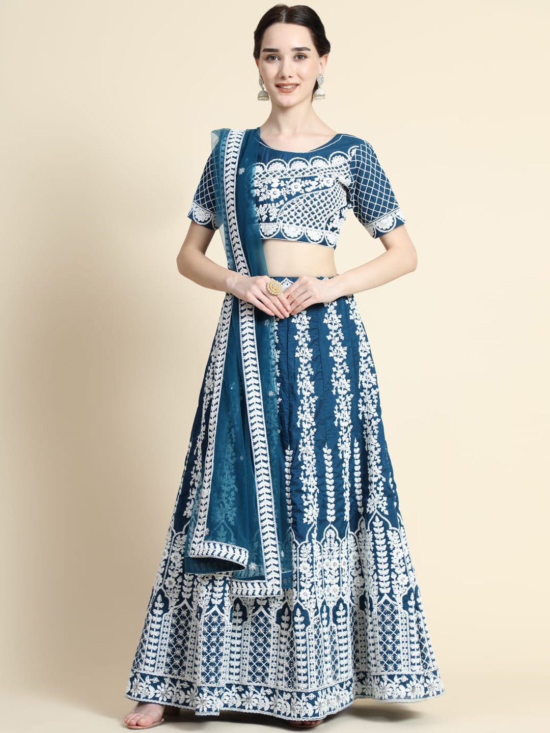 Rujave Embellished Thread Work Semi-Stitched Lehenga & Unstitched Blouse With Dupatta, Blue
Rujave Embellished Thread Work Semi-Stitched Lehenga & Unstitched Blouse With Dupatta, Blue