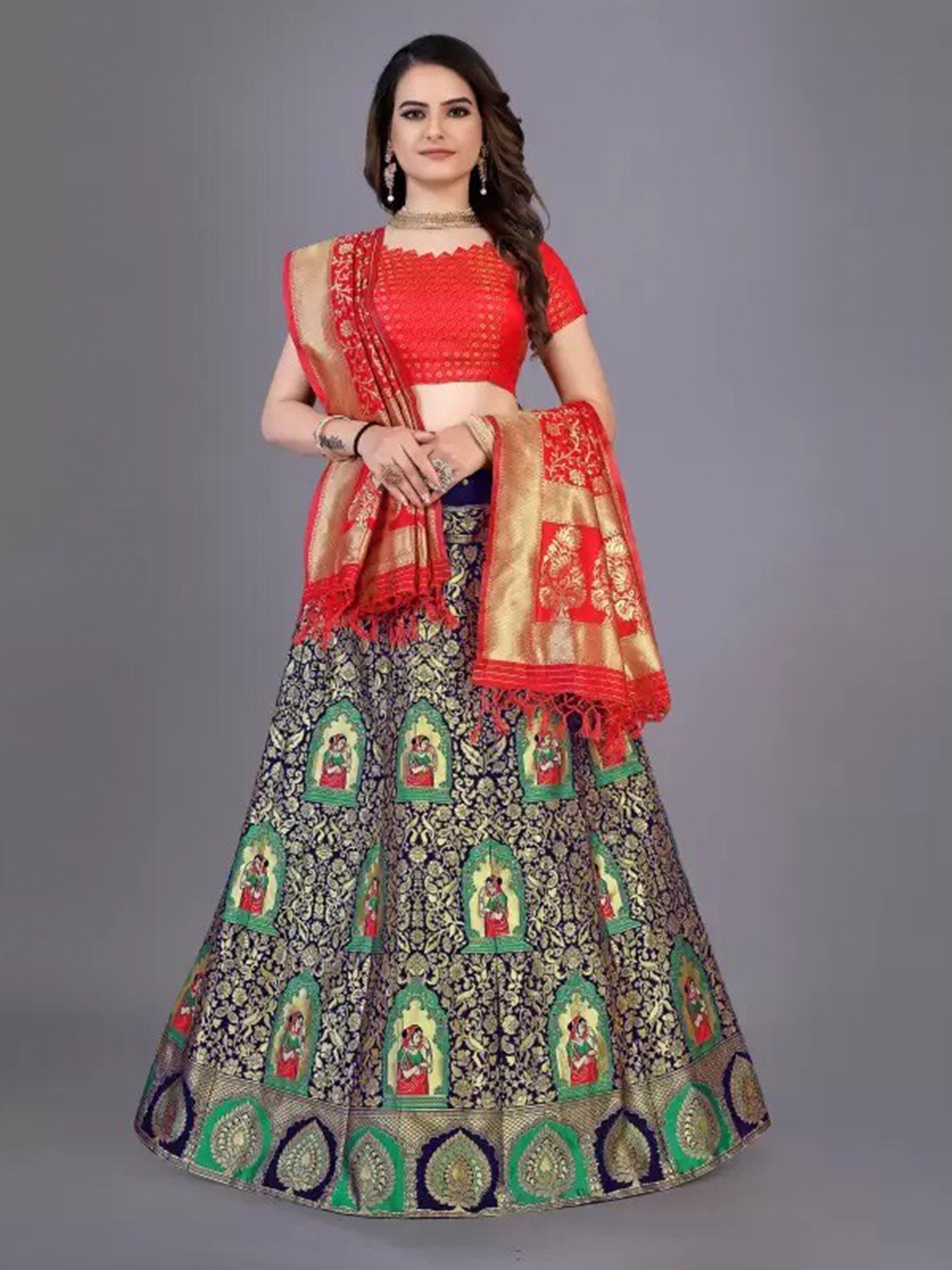 Rujave Ethnic Motif Woven Design Semi-Stitched Lehenga & Unstitched Blouse With Dupatta, Navy blue
Rujave Ethnic Motif Woven Design Semi-Stitched Lehenga & Unstitched Blouse With Dupatta, Navy blue